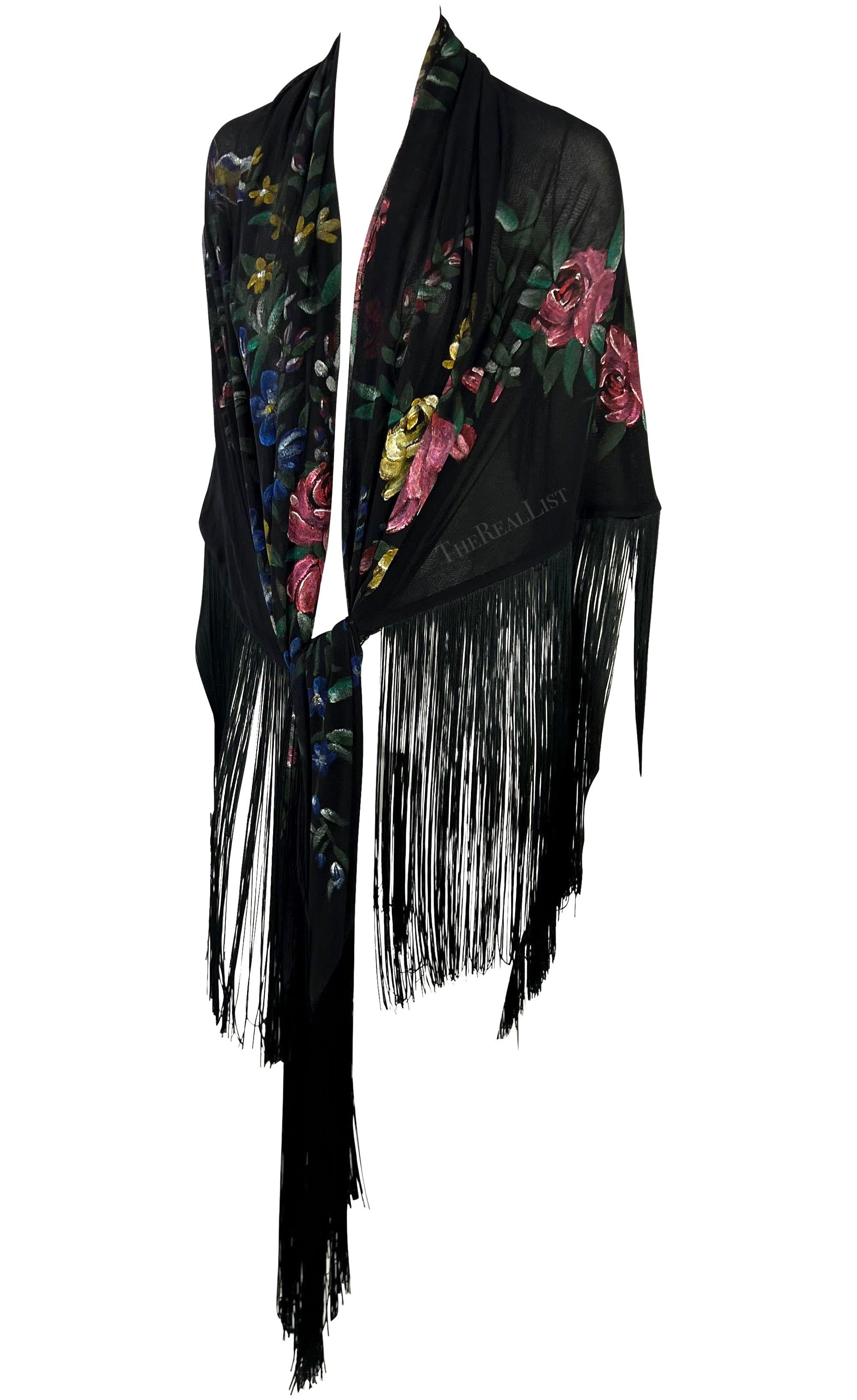F/W 1998 Dolce & Gabbana Runway Floral Hand-Painted Sheer Mesh Fringe Shawl For Sale 3