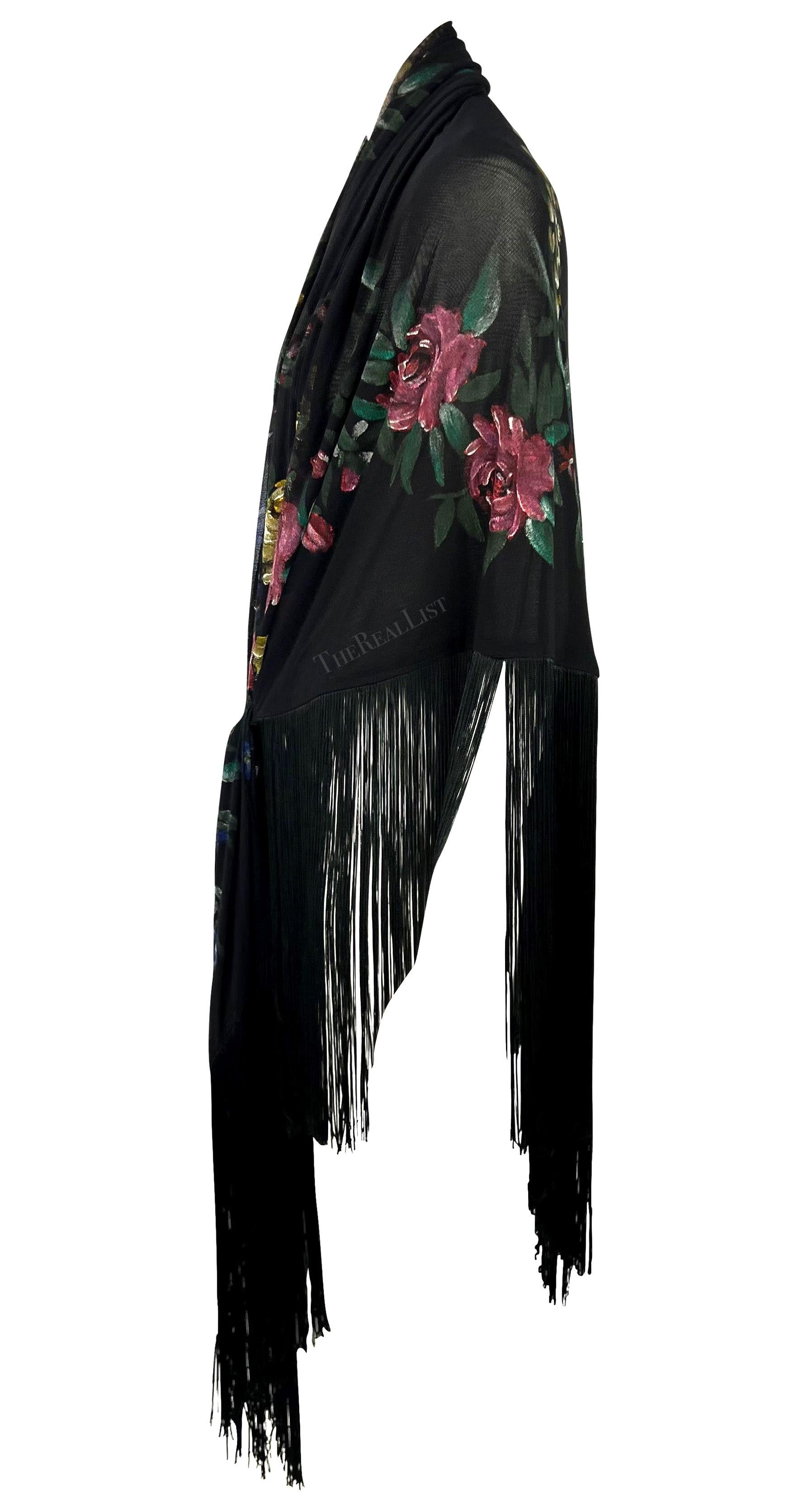 F/W 1998 Dolce & Gabbana Runway Floral Hand-Painted Sheer Mesh Fringe Shawl For Sale 4