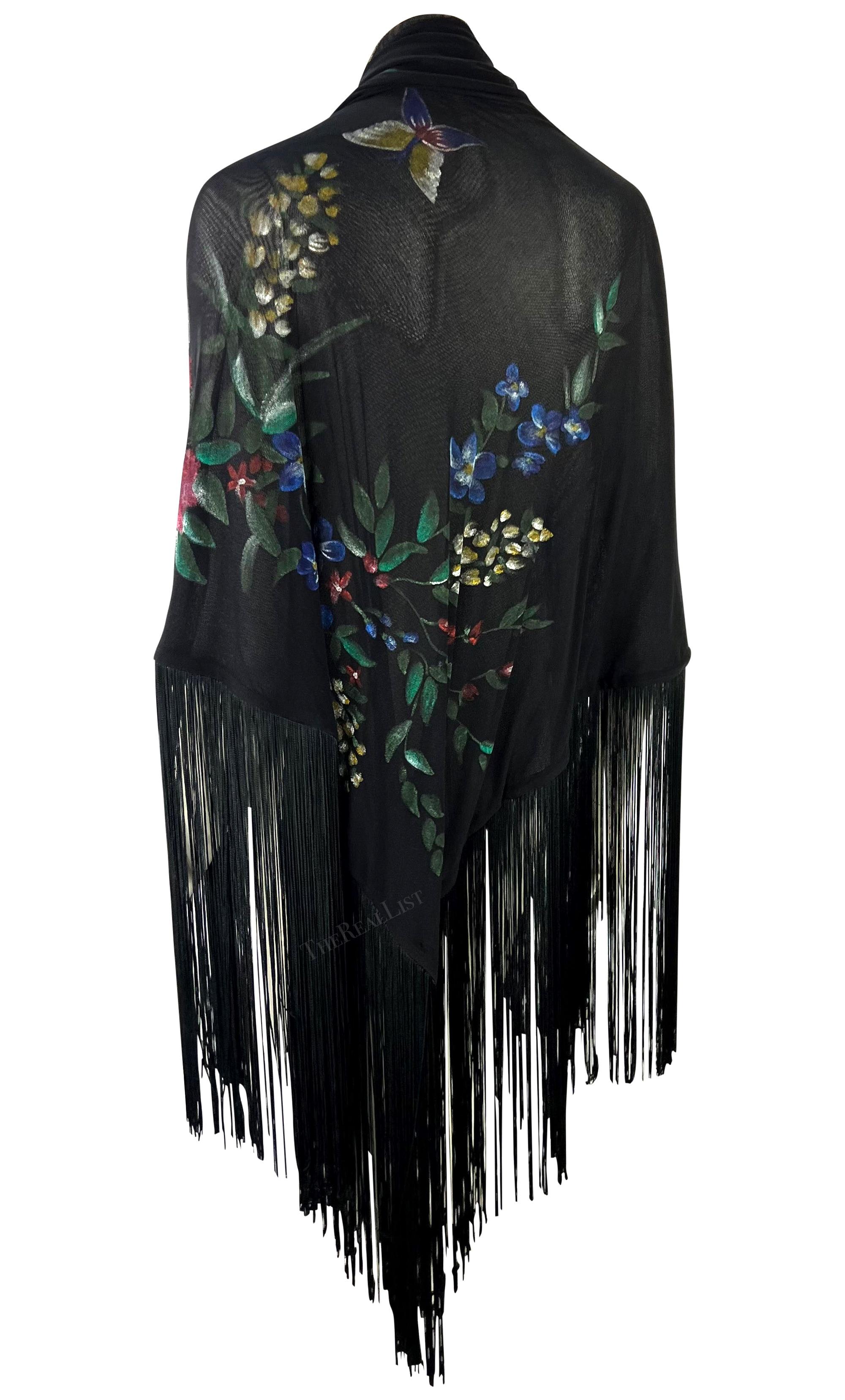 F/W 1998 Dolce & Gabbana Runway Floral Hand-Painted Sheer Mesh Fringe Shawl For Sale 5