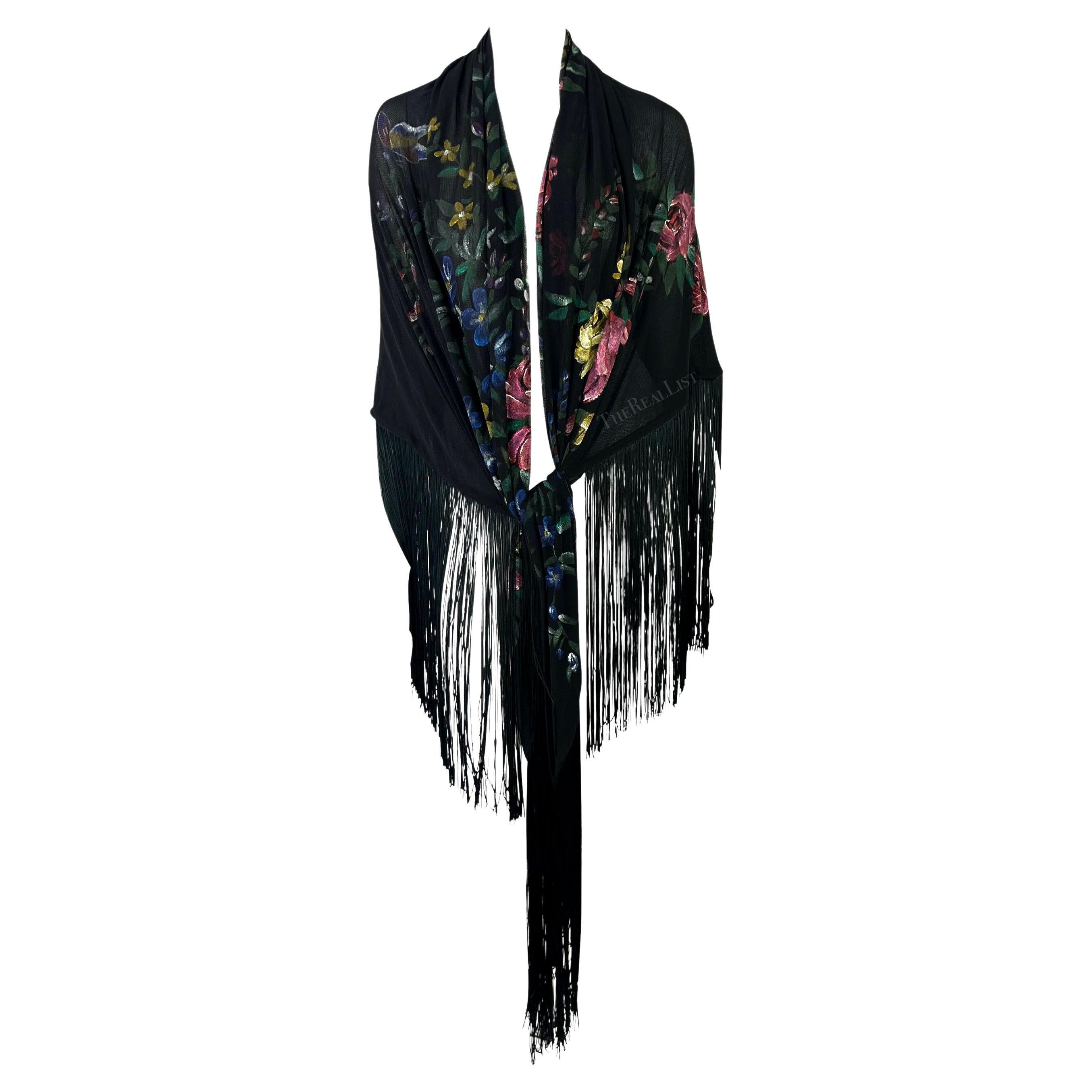 F/W 1998 Dolce & Gabbana Runway Floral Hand-Painted Sheer Mesh Fringe Shawl For Sale