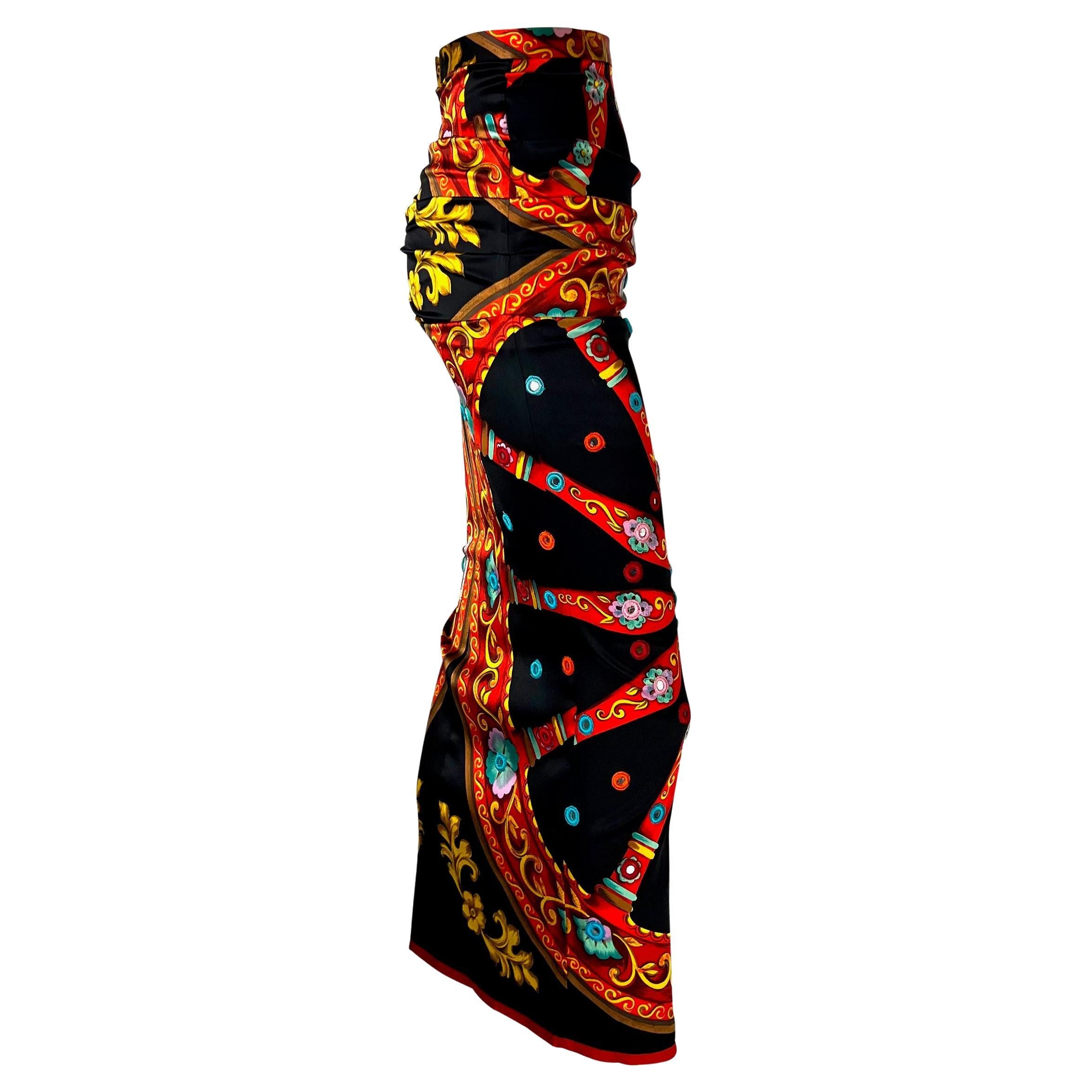 Black F/W 1998 Dolce & Gabbana Runway Mirror Embroidered Printed Silk Maxi Skirt For Sale