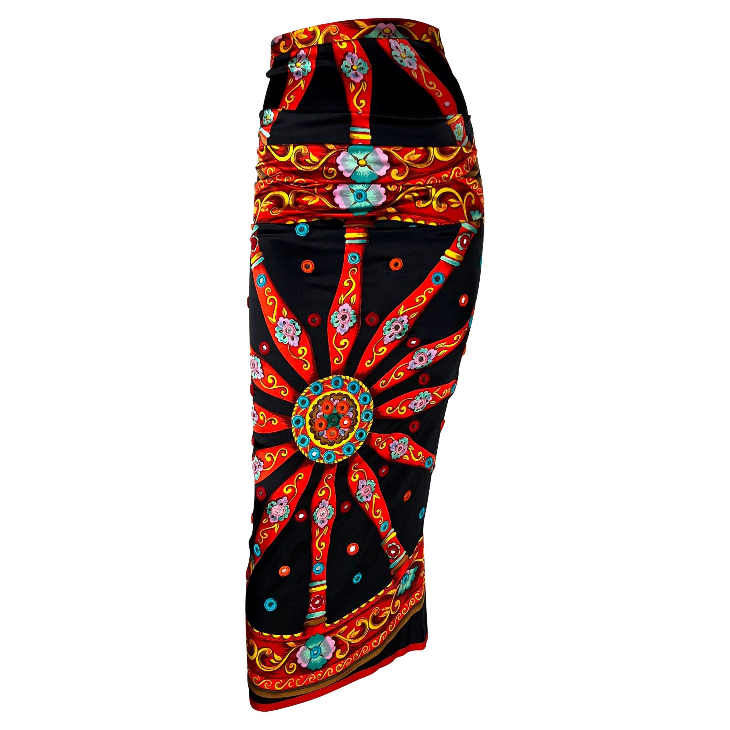 F/W 1998 Dolce & Gabbana Runway Mirror Embroidered Printed Silk Maxi Skirt For Sale 1