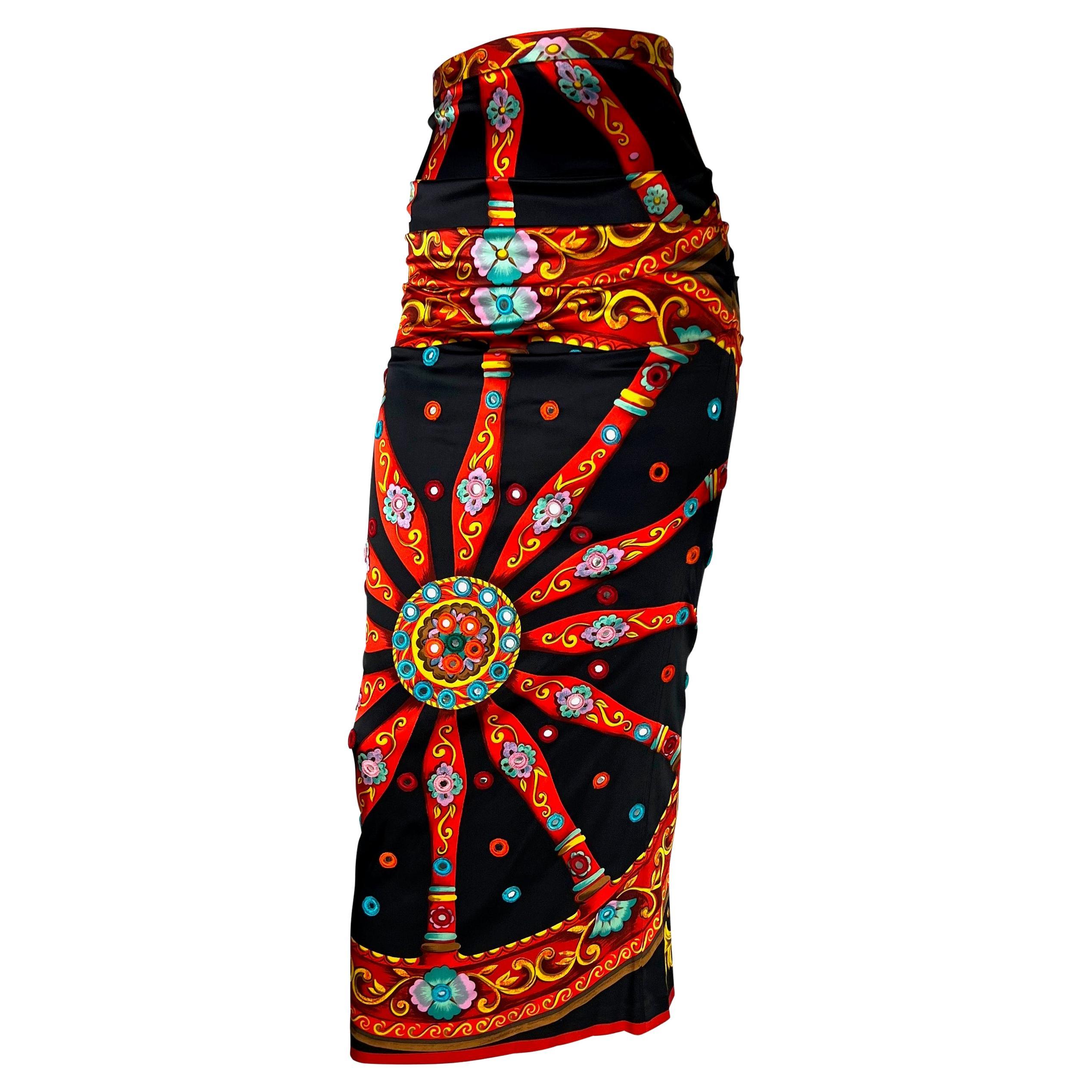 F/W 1998 Dolce & Gabbana Runway Mirror Embroidered Printed Silk Maxi Skirt For Sale