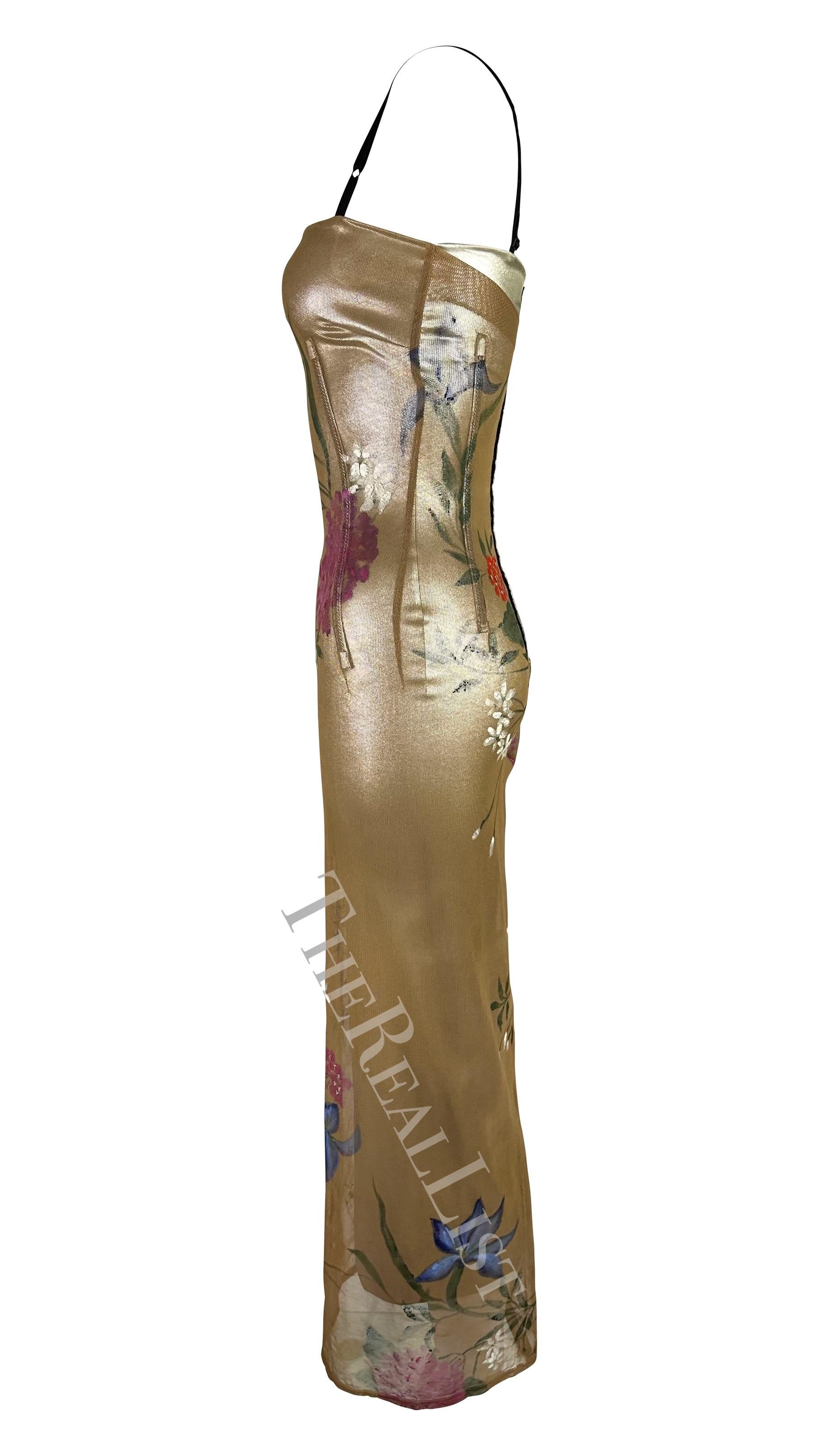 F/W 1998 Dolce & Gabbana Runway Silver Floral Hand-Painted Beige Mesh Gown 7