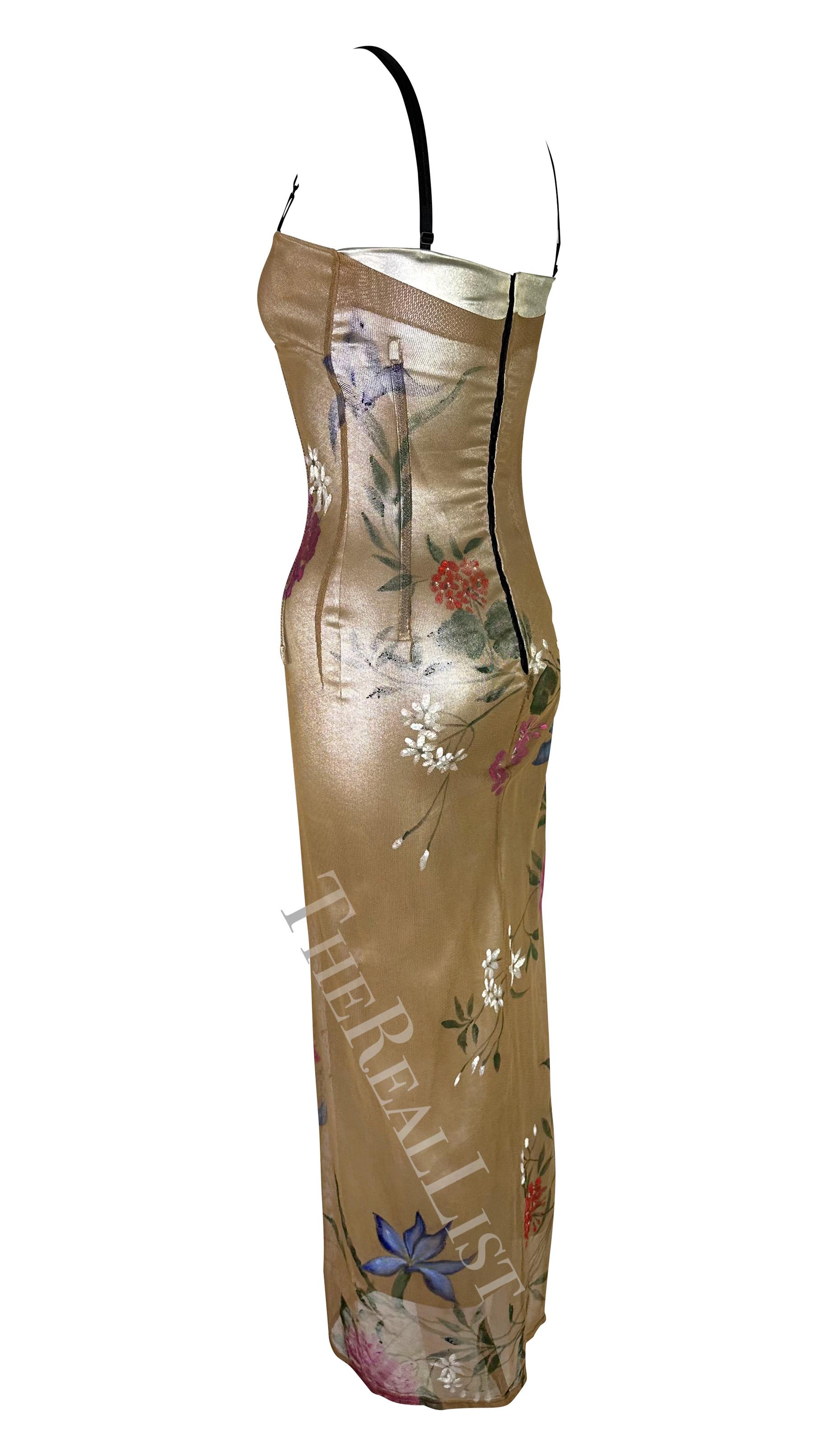 F/W 1998 Dolce & Gabbana Runway Silver Floral Hand-Painted Beige Mesh Gown 8