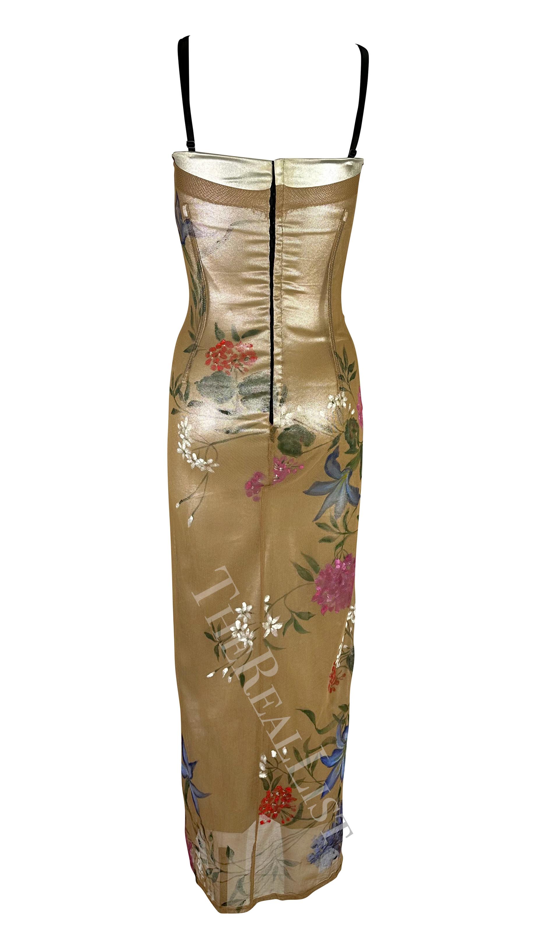 F/W 1998 Dolce & Gabbana Runway Silver Floral Hand-Painted Beige Mesh Gown 9