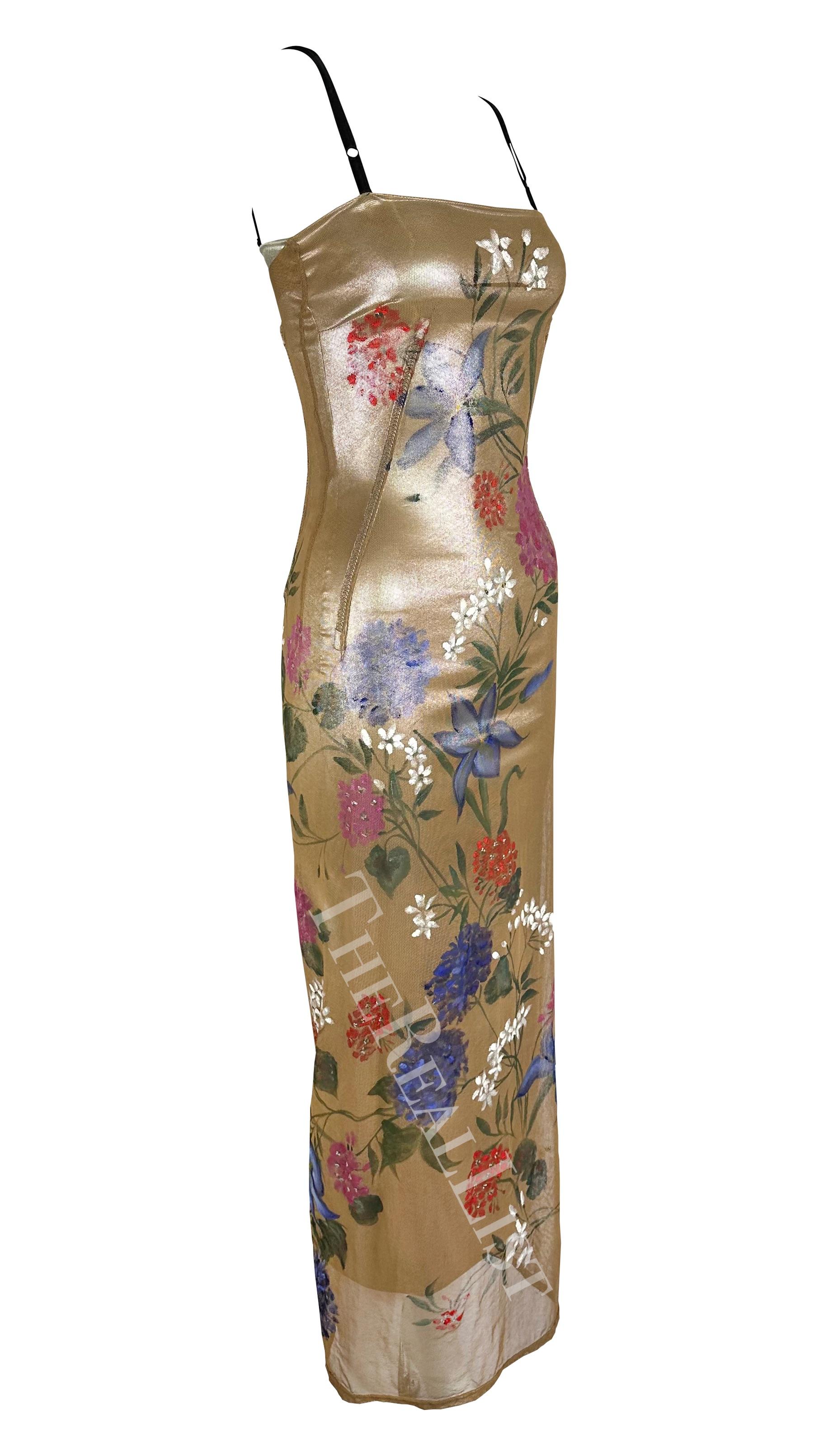 F/W 1998 Dolce & Gabbana Runway Silver Floral Hand-Painted Beige Mesh Gown 14