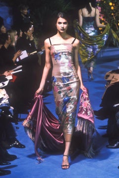 F/W 1998 Dolce & Gabbana Runway Silver Floral Hand-Painted Beige Mesh Gown