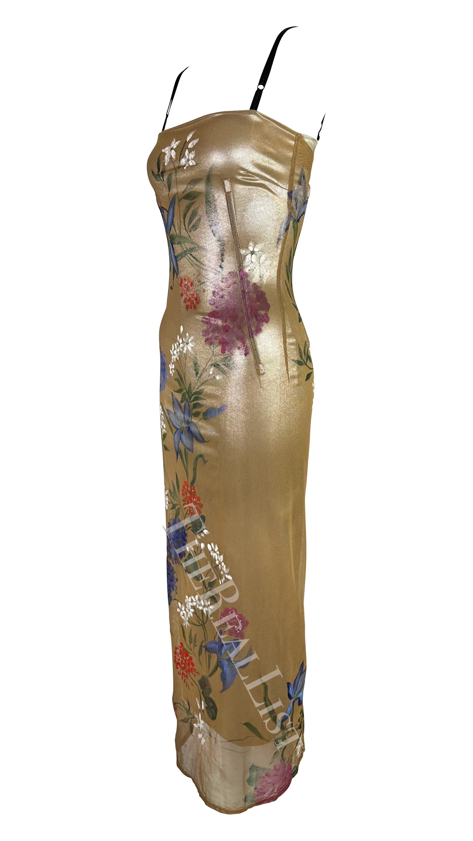 F/W 1998 Dolce & Gabbana Runway Silver Floral Hand-Painted Beige Mesh Gown 6