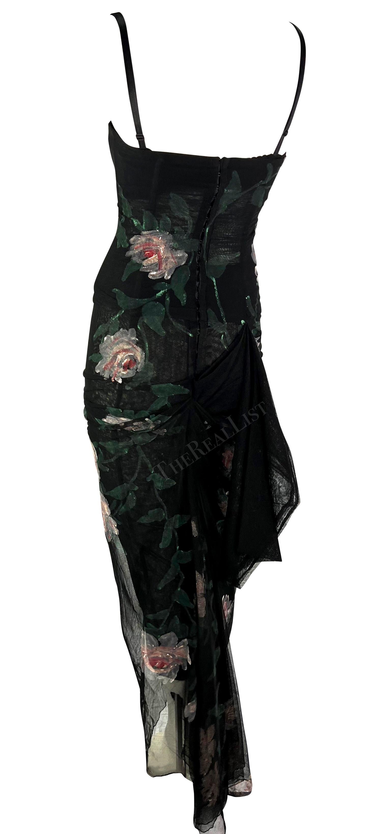 H/W 1998 Dolce & Gabbana Schwarzes durchsichtiges, handbemaltes Bustierkleid aus Mesh mit Rosenmuster im Angebot 6