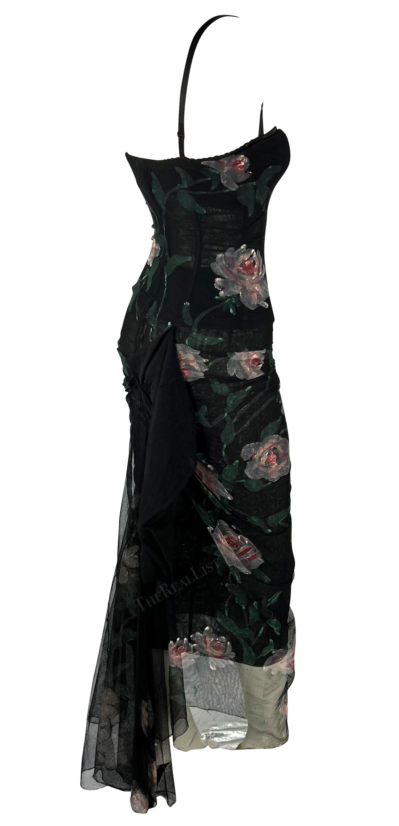 F/W 1998 Dolce & Gabbana Sheer Black Mesh Hand Painted Rose Bustier Gown For Sale 8