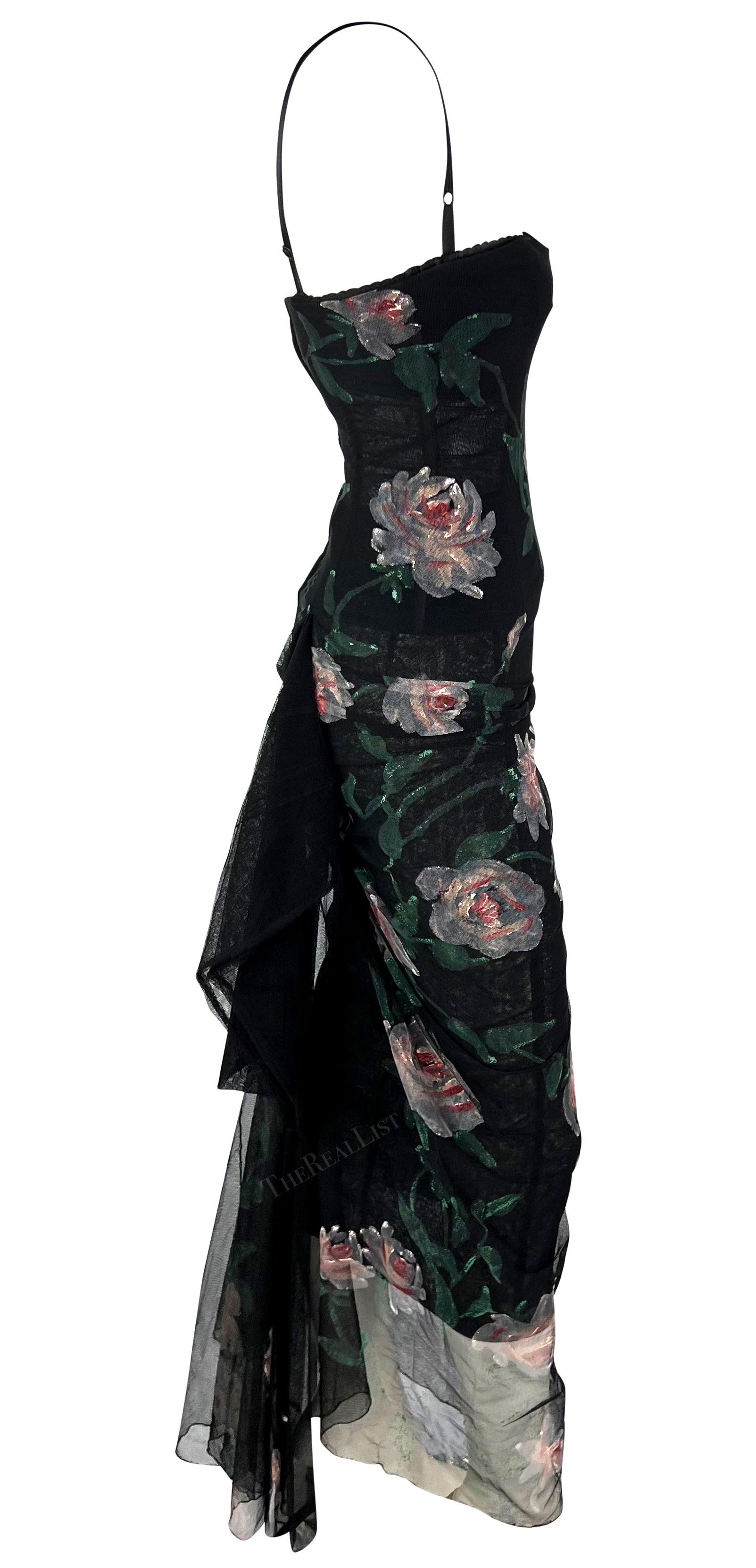 H/W 1998 Dolce & Gabbana Schwarzes durchsichtiges, handbemaltes Bustierkleid aus Mesh mit Rosenmuster im Angebot 9