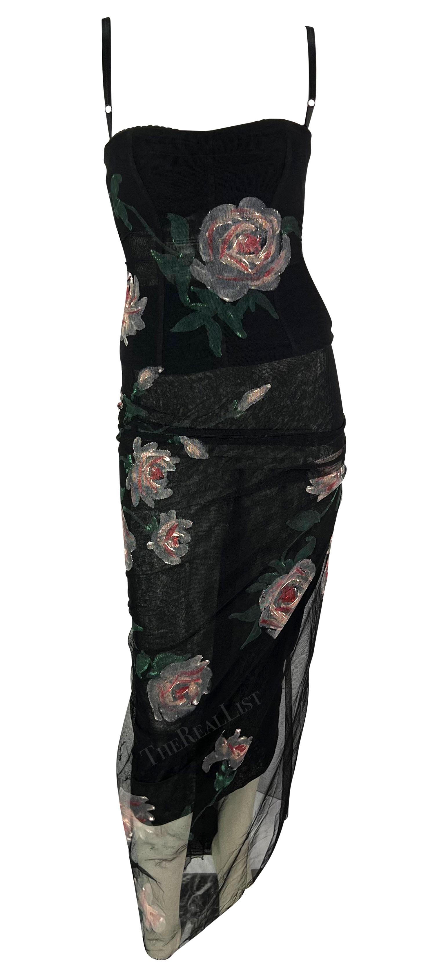 H/W 1998 Dolce & Gabbana Schwarzes durchsichtiges, handbemaltes Bustierkleid aus Mesh mit Rosenmuster im Zustand „Hervorragend“ im Angebot in West Hollywood, CA