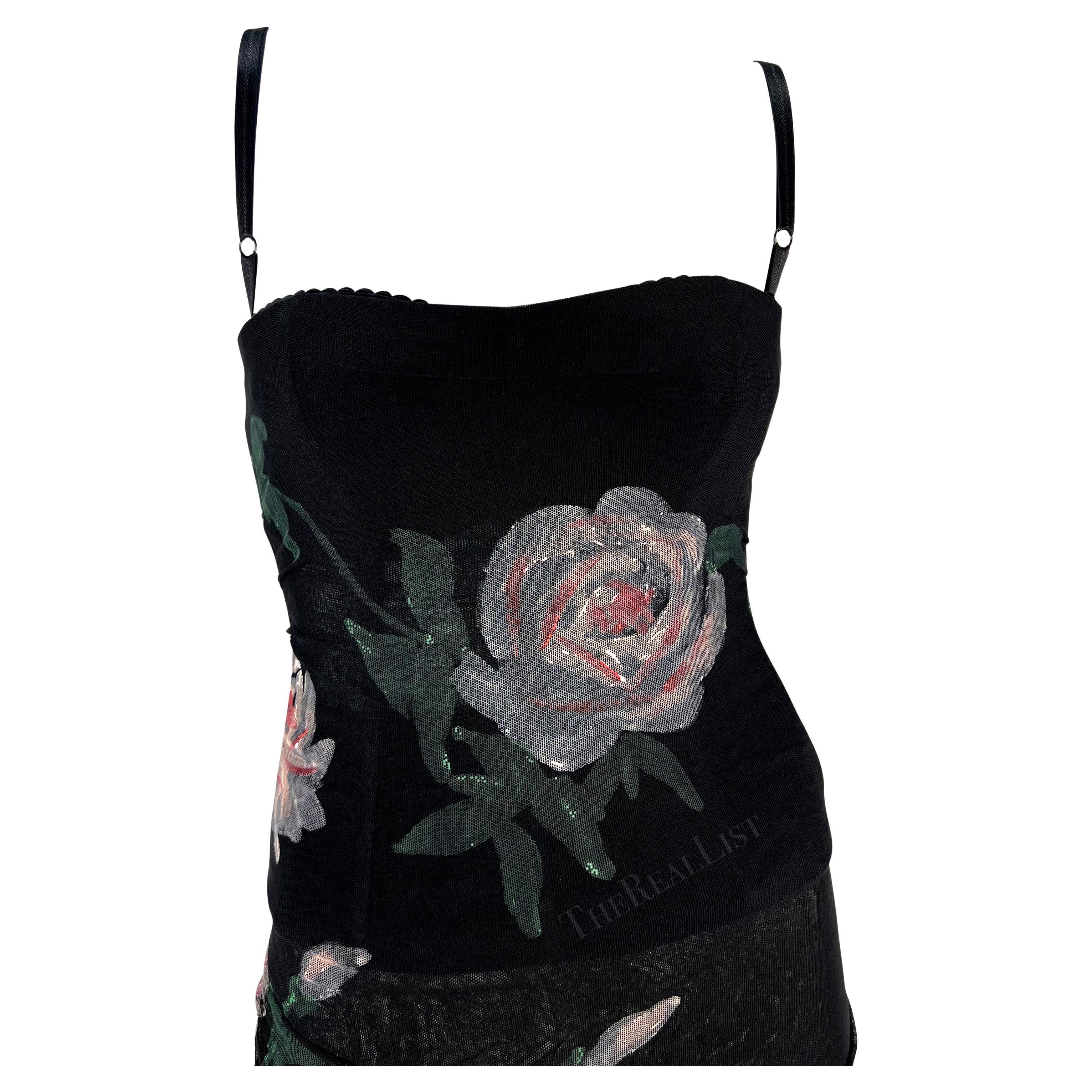 H/W 1998 Dolce & Gabbana Schwarzes durchsichtiges, handbemaltes Bustierkleid aus Mesh mit Rosenmuster im Angebot 1