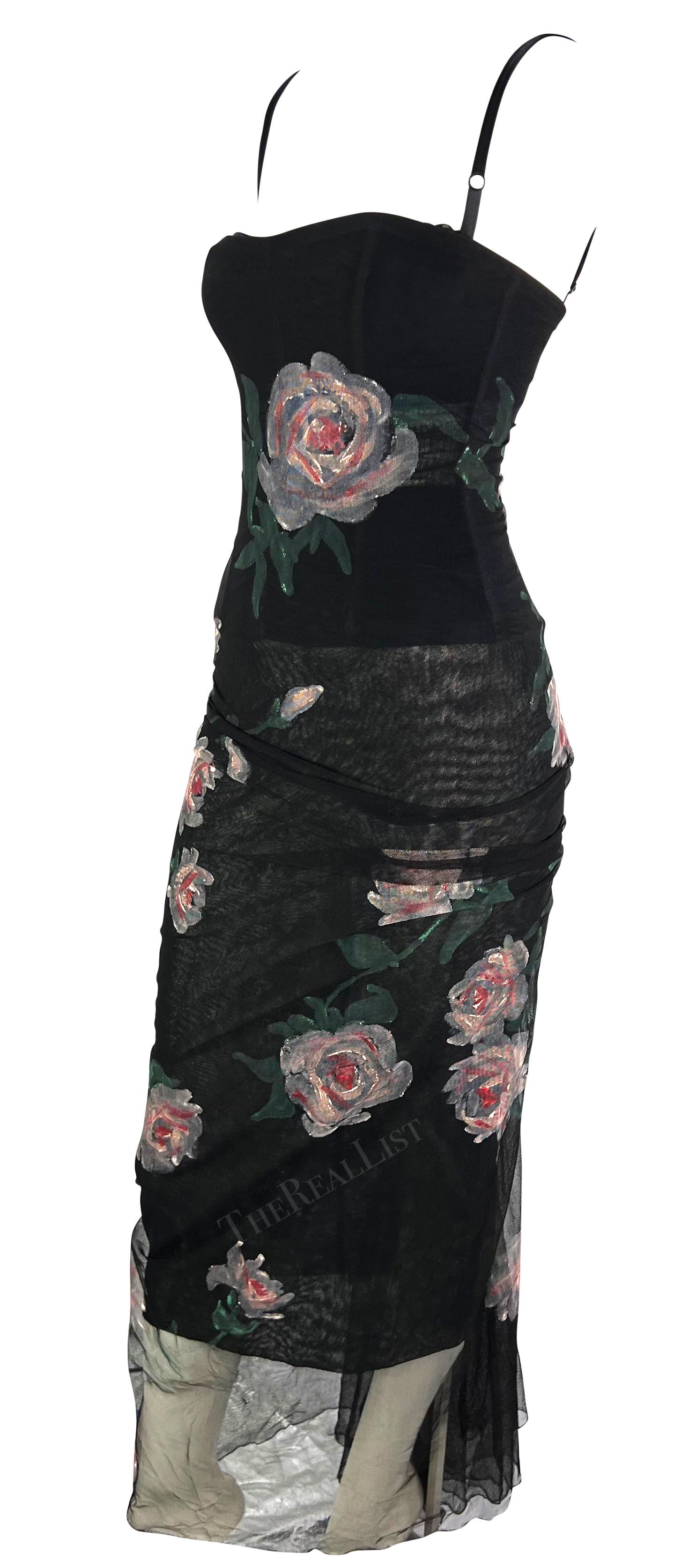 H/W 1998 Dolce & Gabbana Schwarzes durchsichtiges, handbemaltes Bustierkleid aus Mesh mit Rosenmuster im Angebot 3