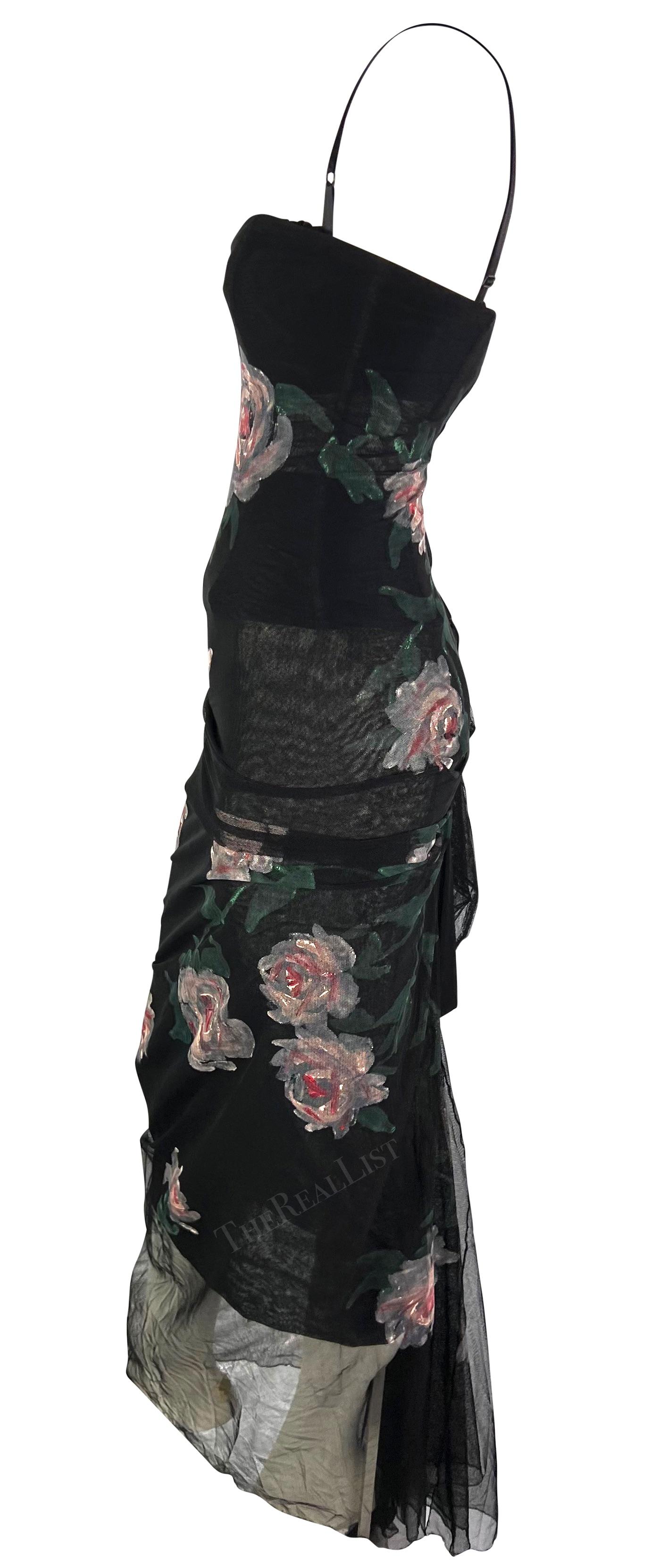 H/W 1998 Dolce & Gabbana Schwarzes durchsichtiges, handbemaltes Bustierkleid aus Mesh mit Rosenmuster im Angebot 4