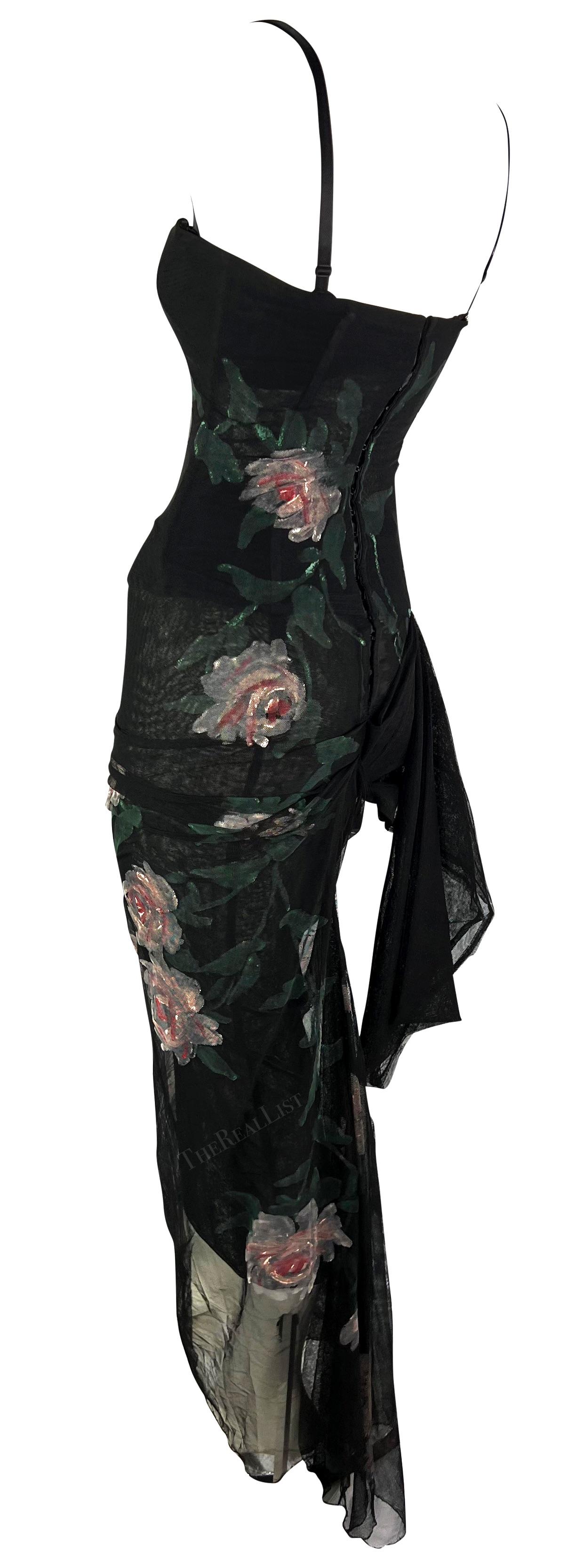 H/W 1998 Dolce & Gabbana Schwarzes durchsichtiges, handbemaltes Bustierkleid aus Mesh mit Rosenmuster im Angebot 5