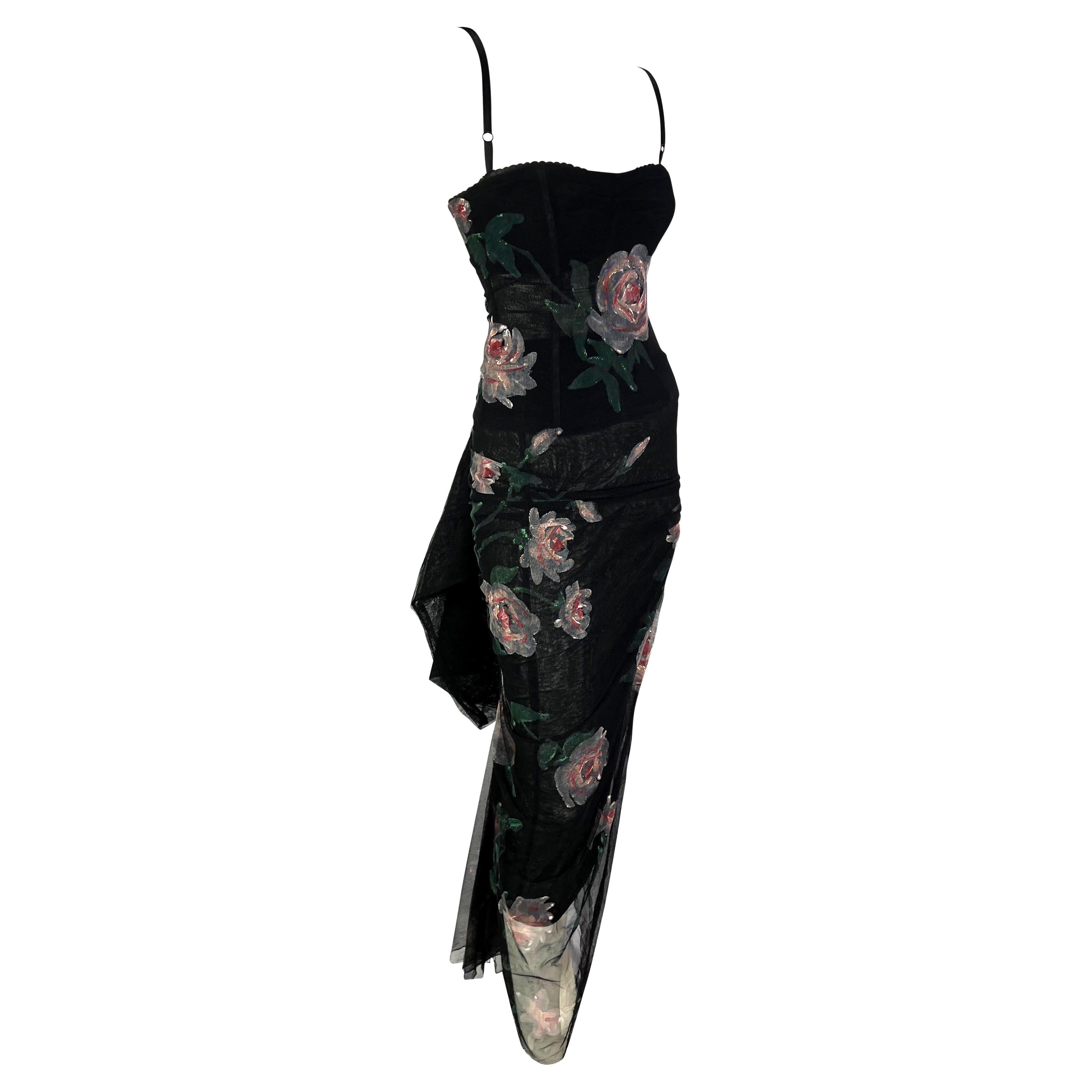 H/W 1998 Dolce & Gabbana Schwarzes durchsichtiges, handbemaltes Bustierkleid aus Mesh mit Rosenmuster im Angebot