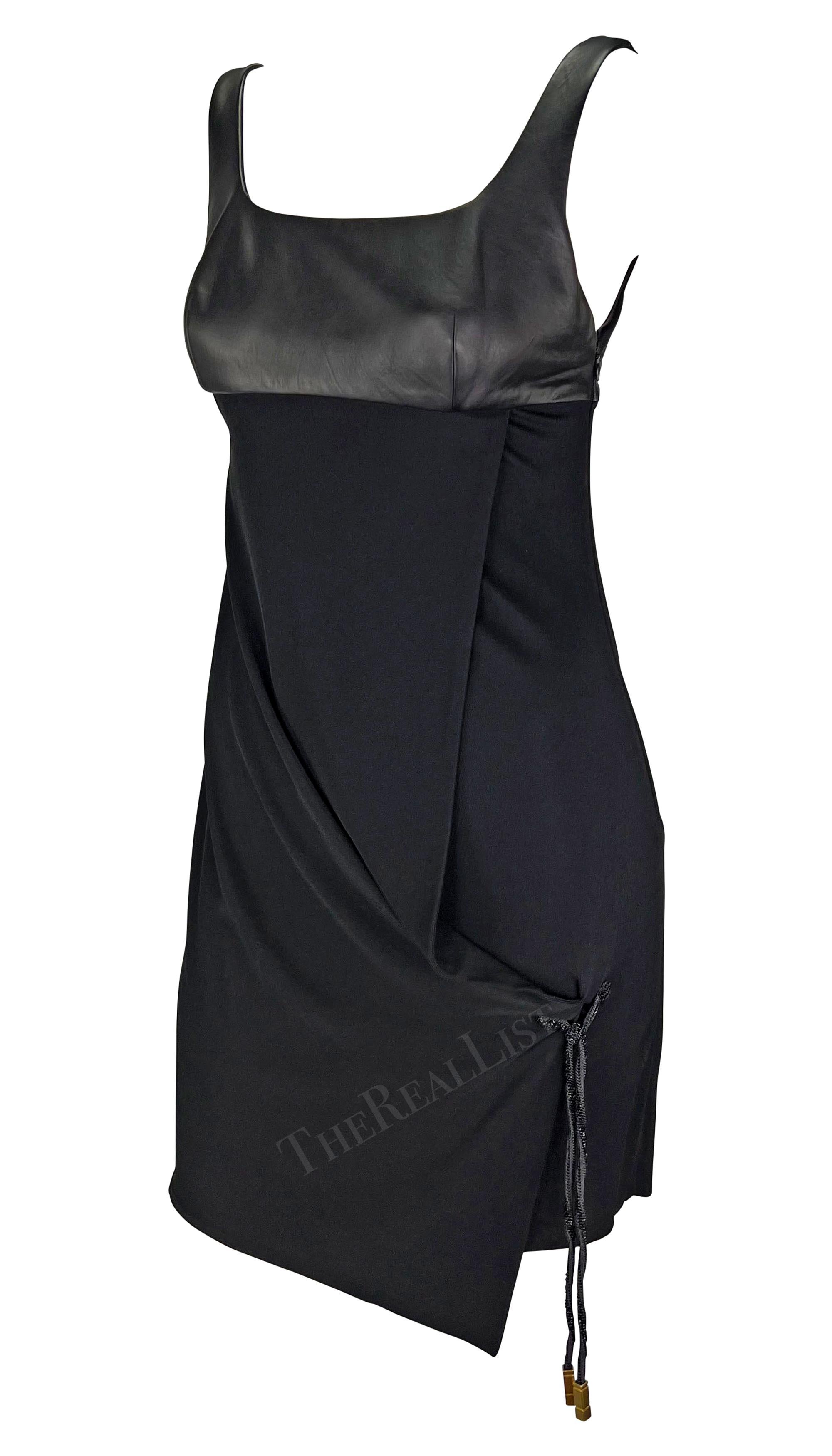Women's F/W 1998 Gianni Versace by Donatella Black Leather Rhinestone Cord Midi Dress For Sale