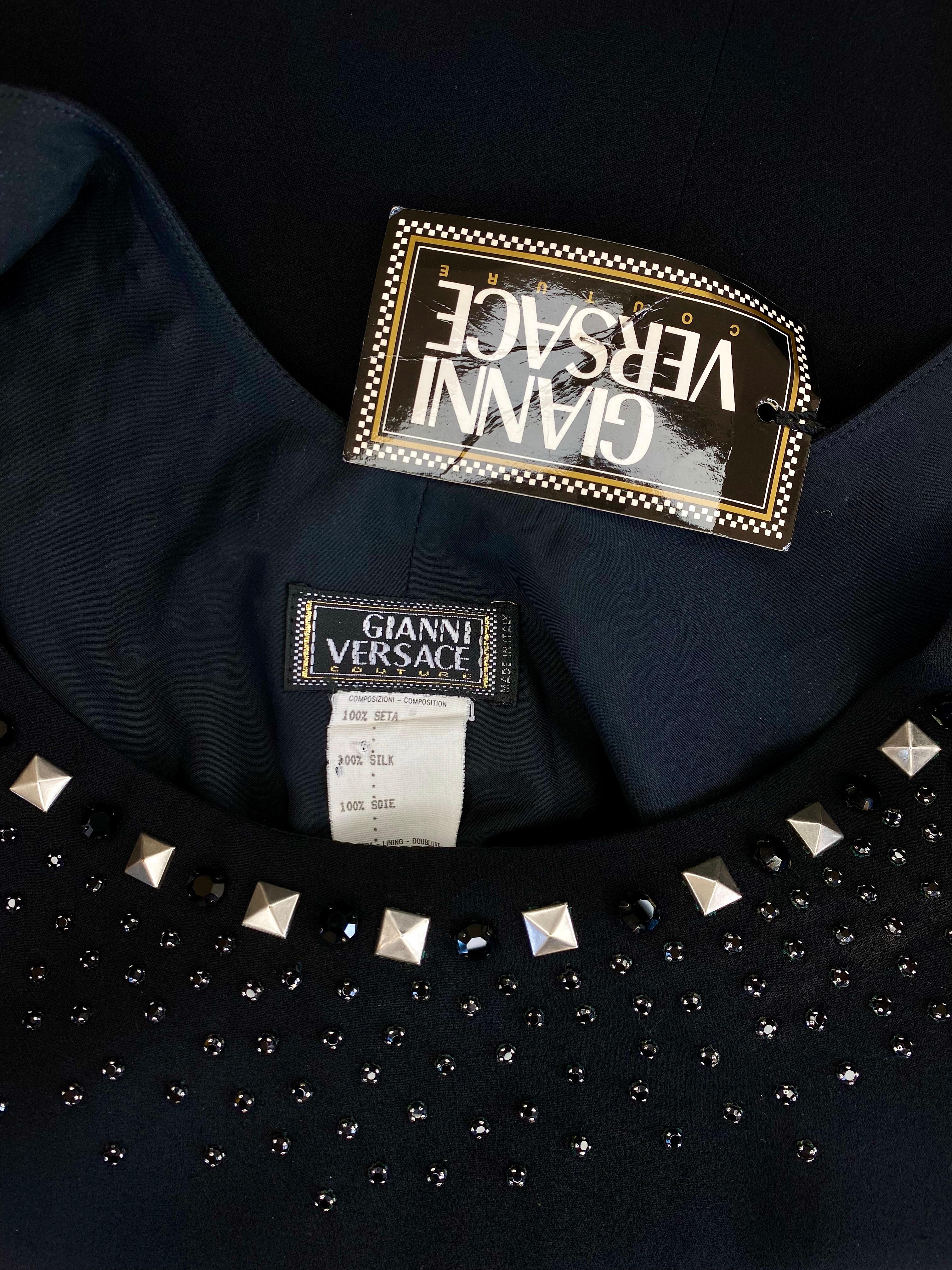 Women's NWT F/W 1998 Gianni Versace by Donatella Black Silk Studded Rhinestone Dress  For Sale