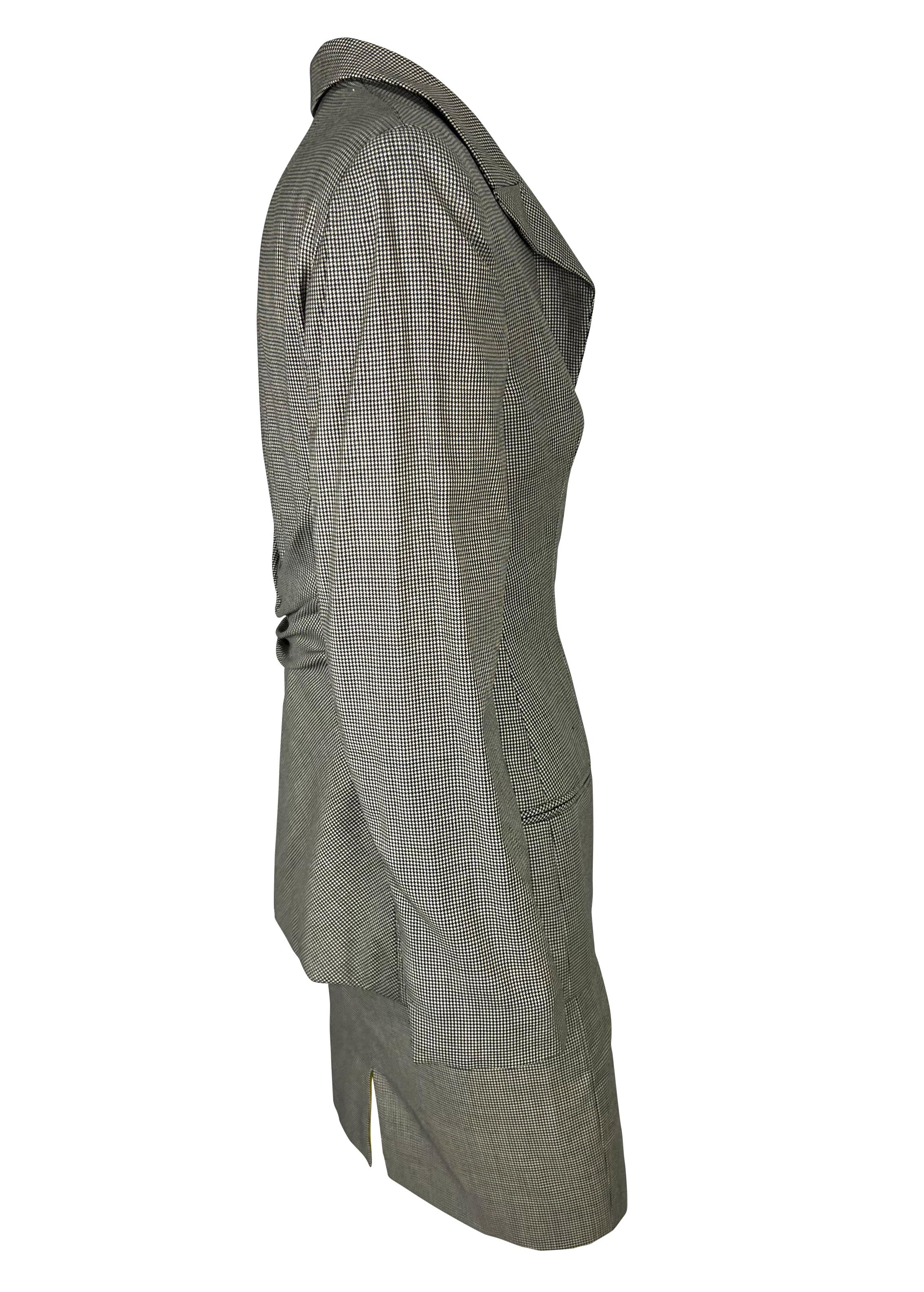 Gray F/W 1998 Gianni Versace by Donatella Houndstooth Yellow Lined Draped Skirt Suit For Sale