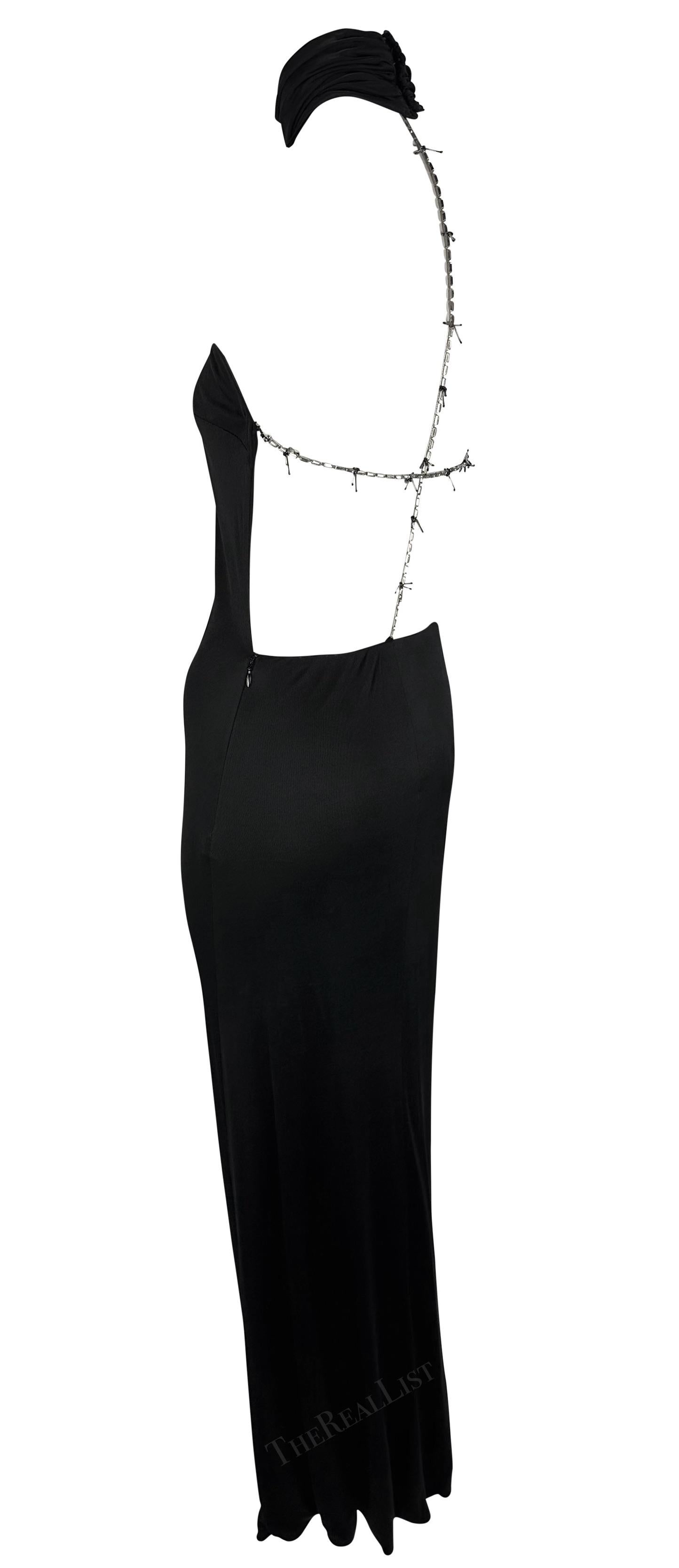 F/W 1998 Gianni Versace by Donatella Runway Black Barbed Wire Bead Backless Gown For Sale 12