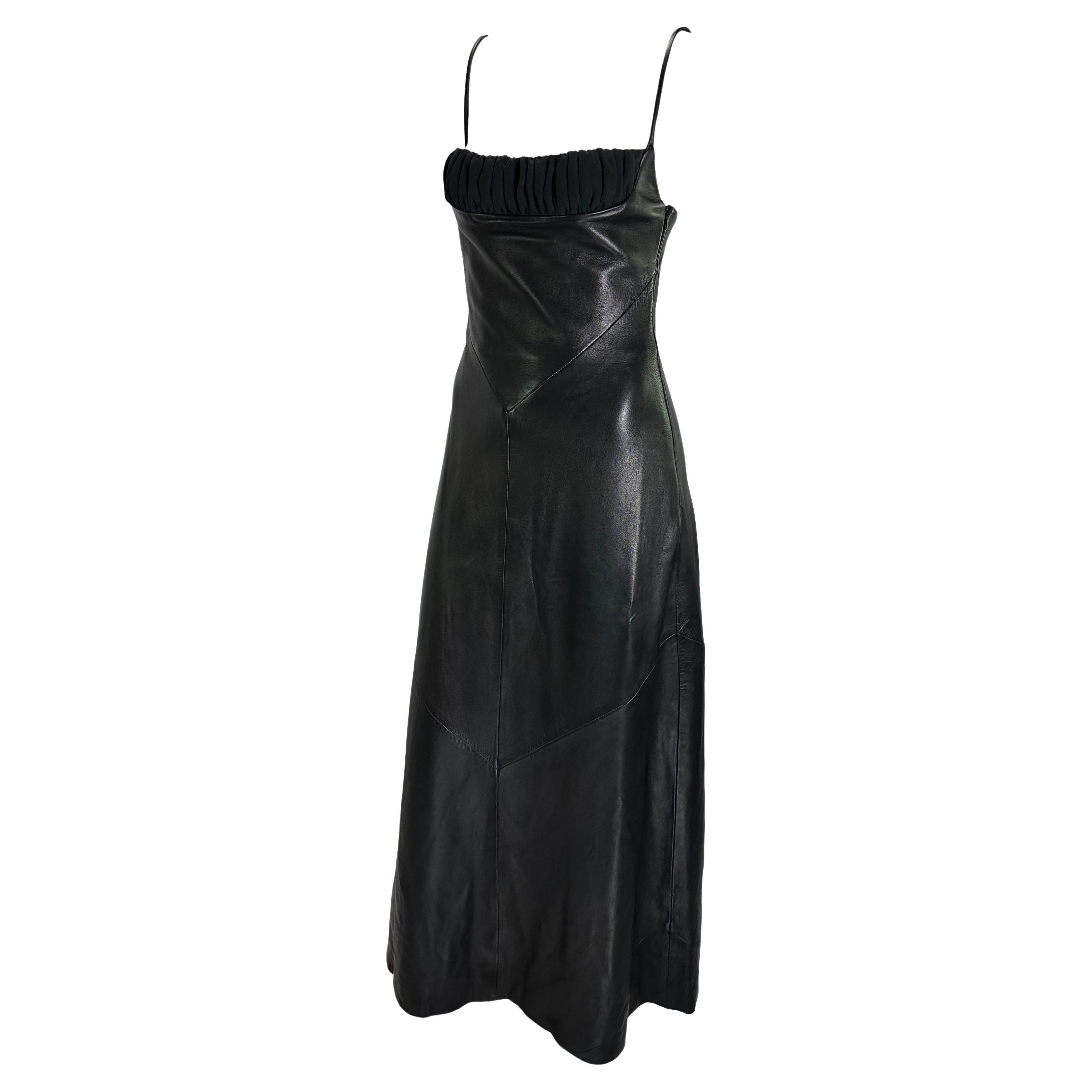 F/W 1998 Gianni Versace by Donatella Runway Black Leather Rhinestone Maxi Dress For Sale