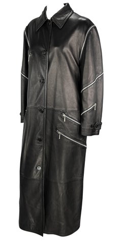 F/W 1998 Gianni Versace by Donatella Runway Black Leather Zip Trench Coat
