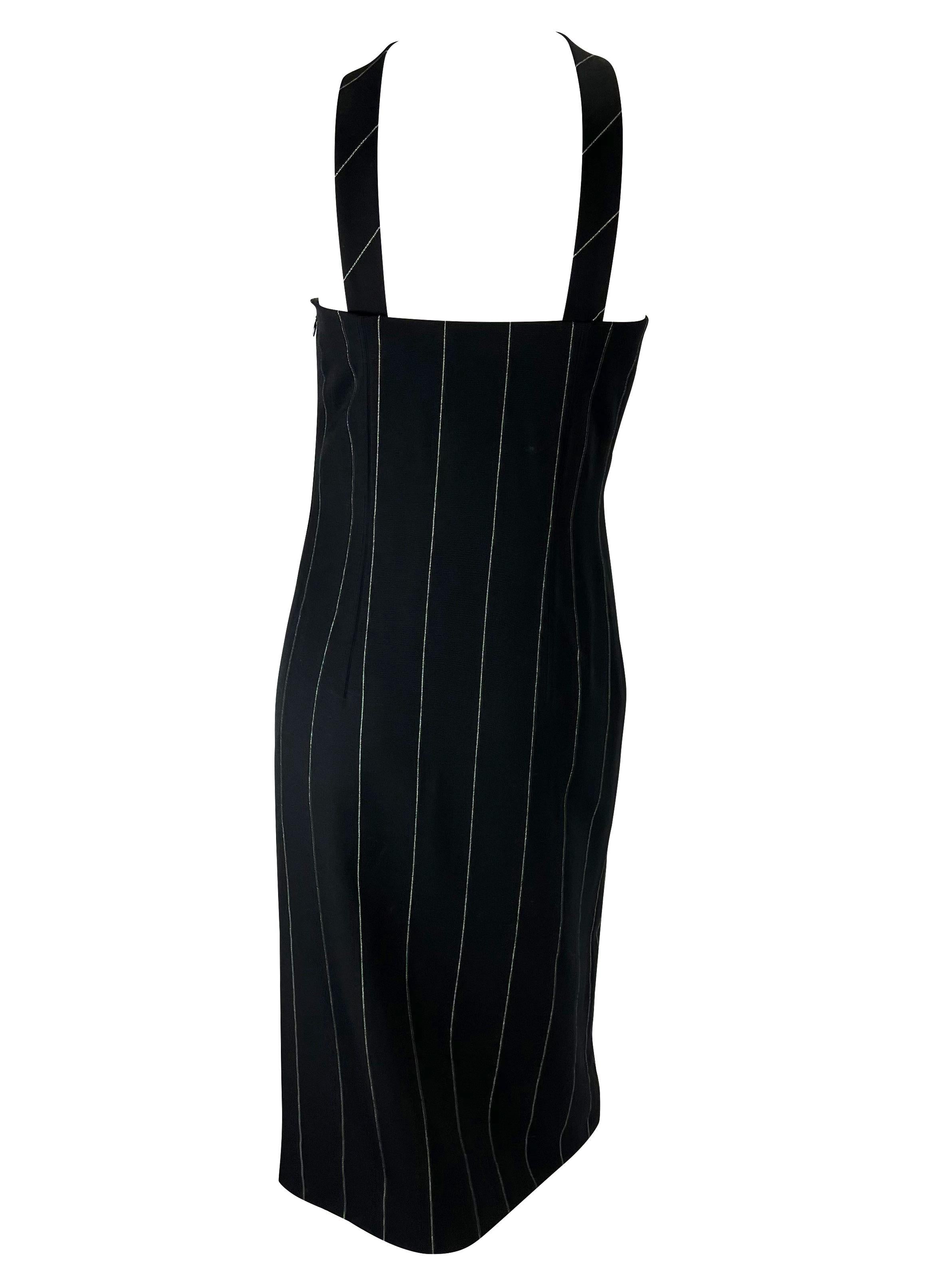 Black F/W 1998 Gianni Versace by Donatella Runway Pinstripe Wool Halter Corset Dress