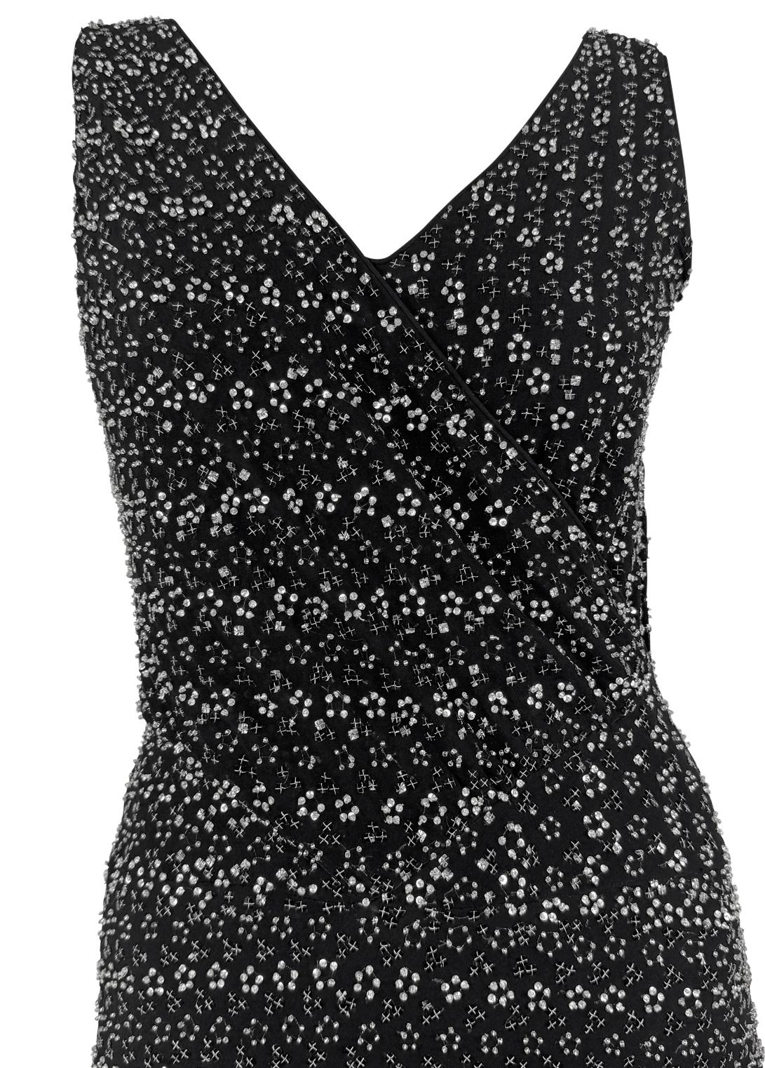 F/W 1998 Giorgio Armani Black Silk Silver Floral Beaded Sleeveless Gown In Excellent Condition For Sale In West Hollywood, CA
