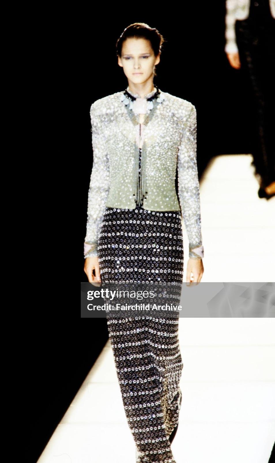 Women's F/W 1998 Giorgio Armani Black Silk Silver Floral Beaded Sleeveless Gown For Sale
