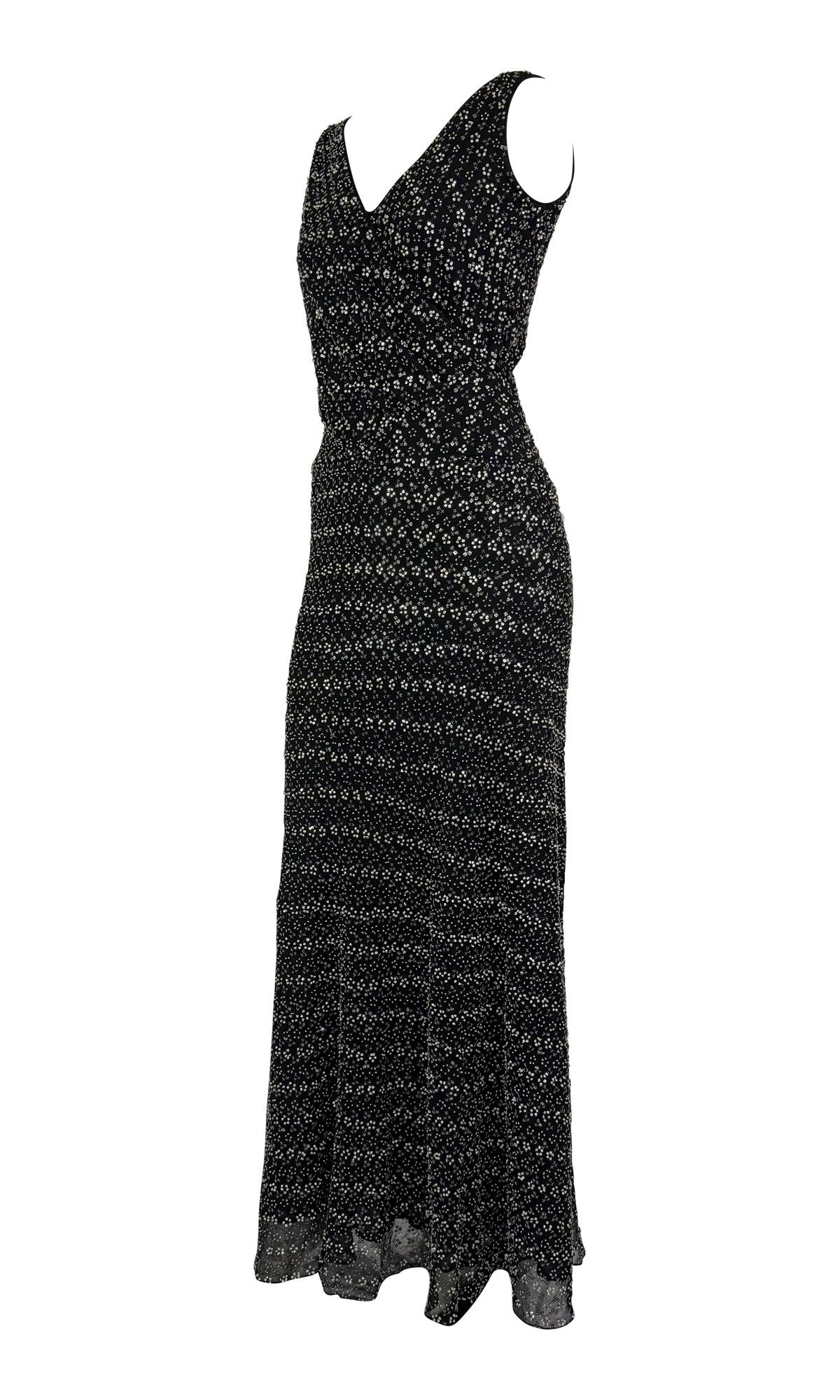 F/W 1998 Giorgio Armani Black Silk Silver Floral Beaded Sleeveless Gown For Sale 1