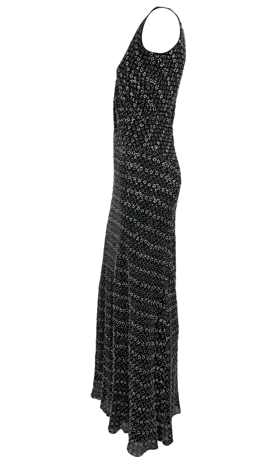 F/W 1998 Giorgio Armani Black Silk Silver Floral Beaded Sleeveless Gown For Sale 2