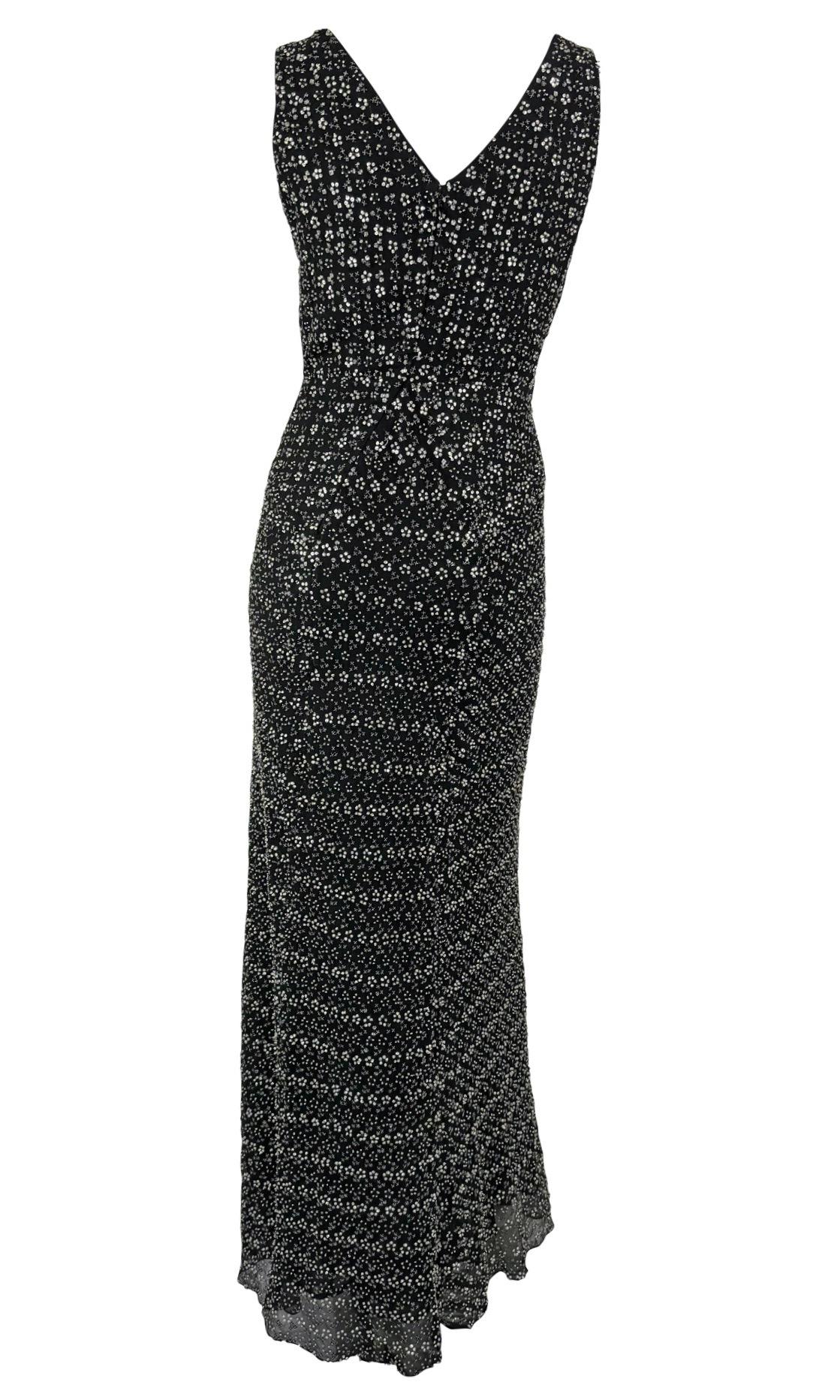F/W 1998 Giorgio Armani Black Silk Silver Floral Beaded Sleeveless Gown For Sale 3