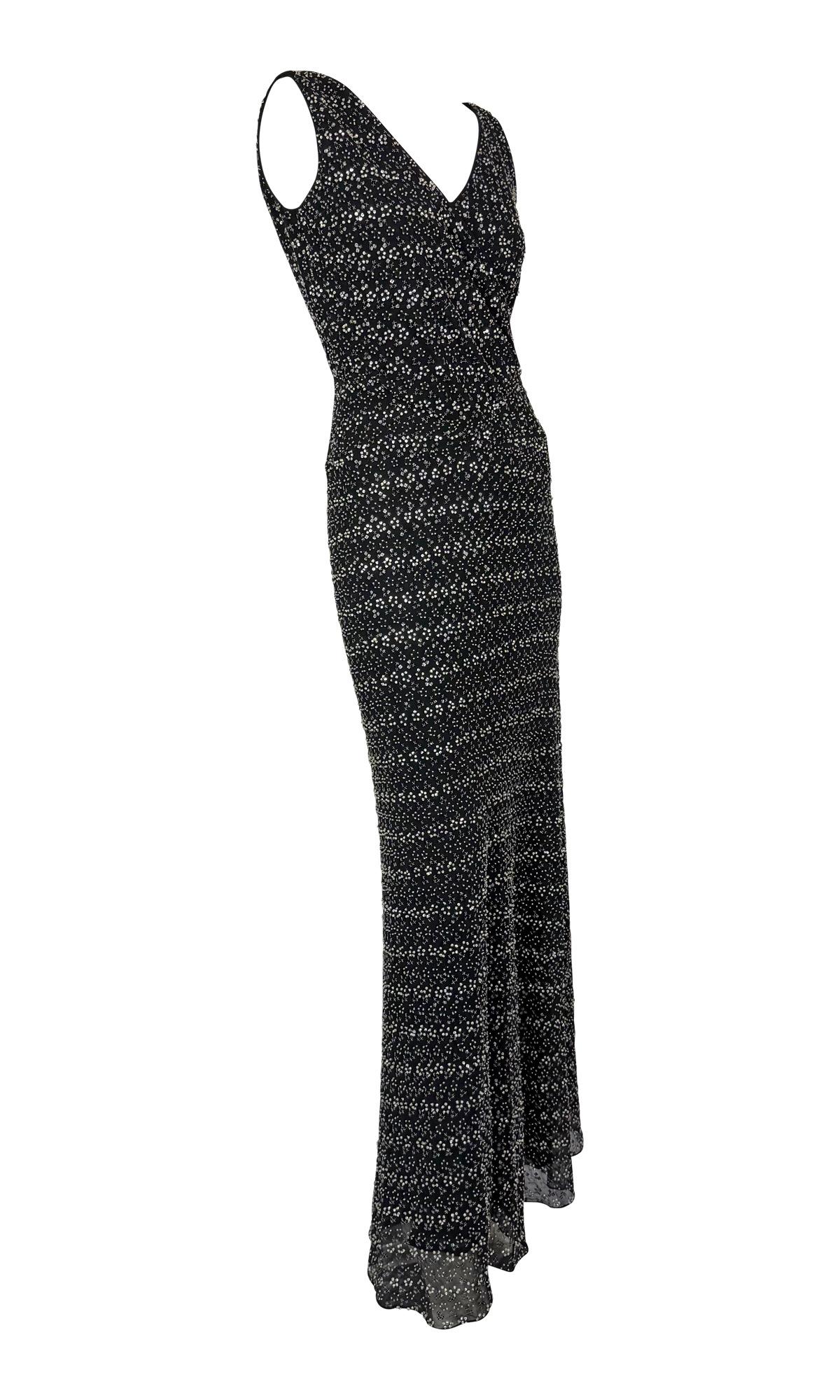 F/W 1998 Giorgio Armani Black Silk Silver Floral Beaded Sleeveless Gown For Sale 5