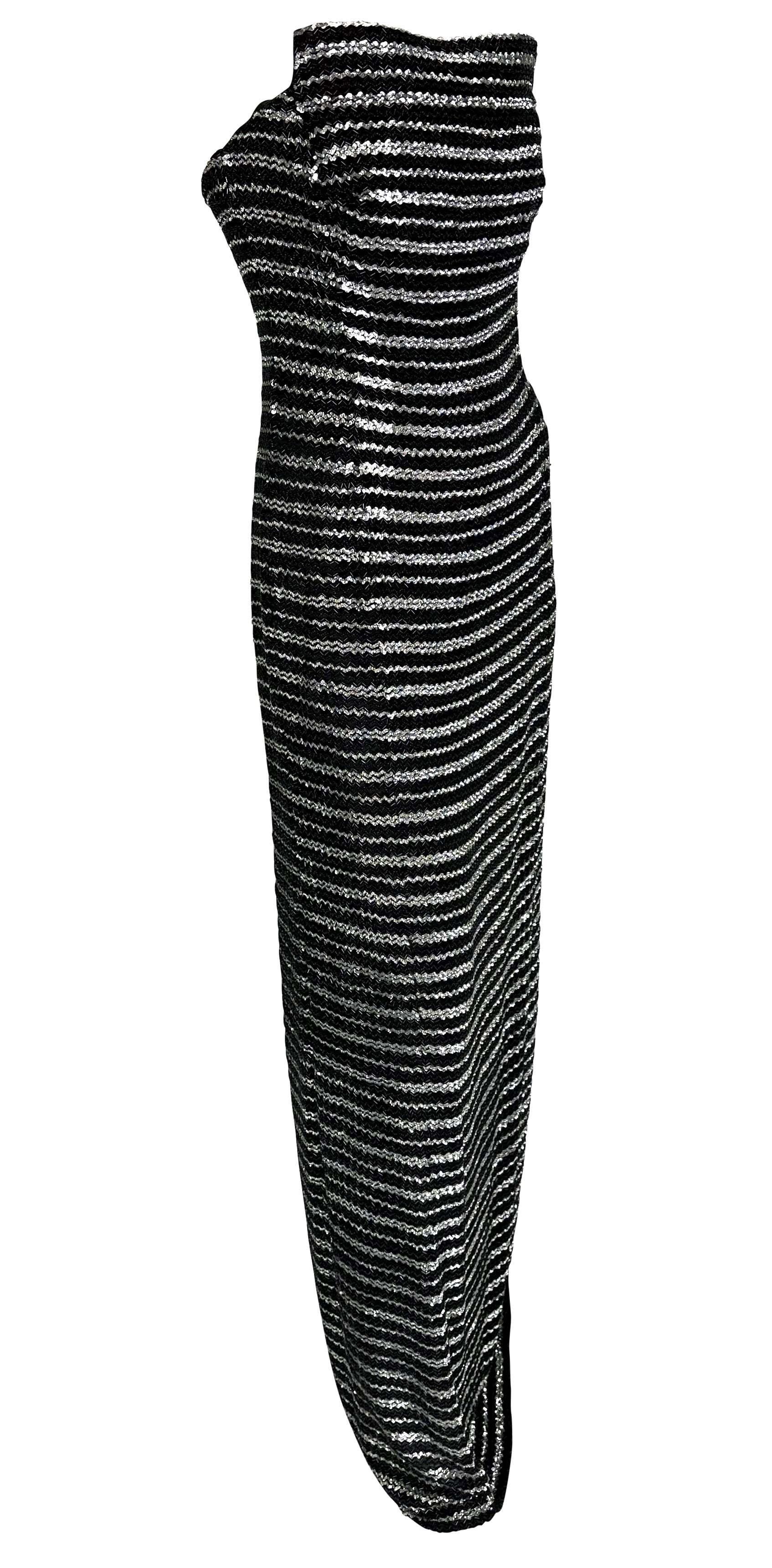 F/W 1998 Giorgio Armani Black Silver Beaded Stripe Strapless Sequin Gown For Sale 4