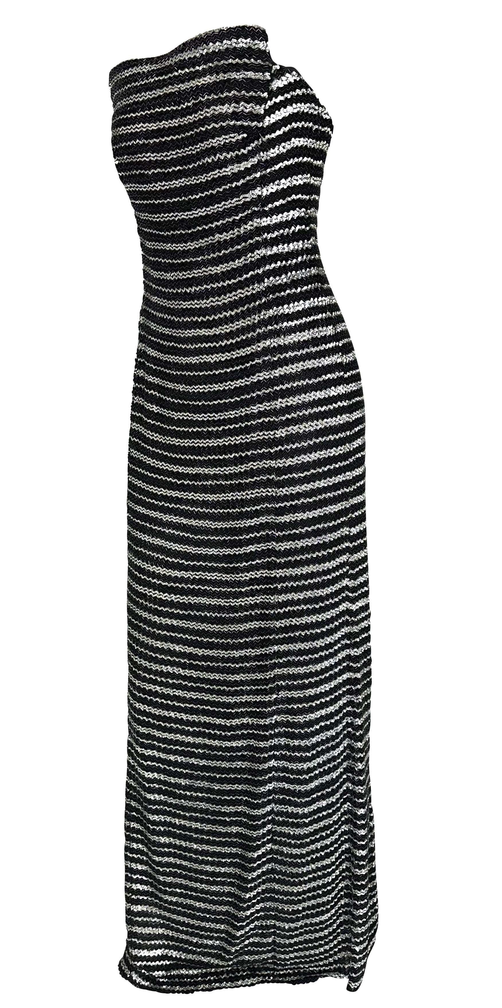 Women's F/W 1998 Giorgio Armani Black Silver Beaded Stripe Strapless Sequin Gown For Sale