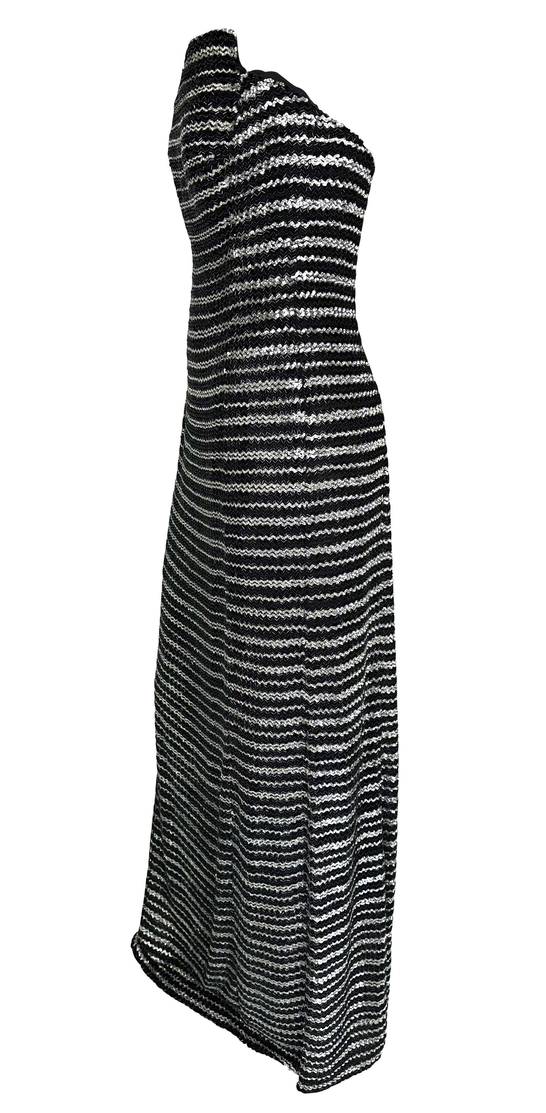 F/W 1998 Giorgio Armani Black Silver Beaded Stripe Strapless Sequin Gown For Sale 1