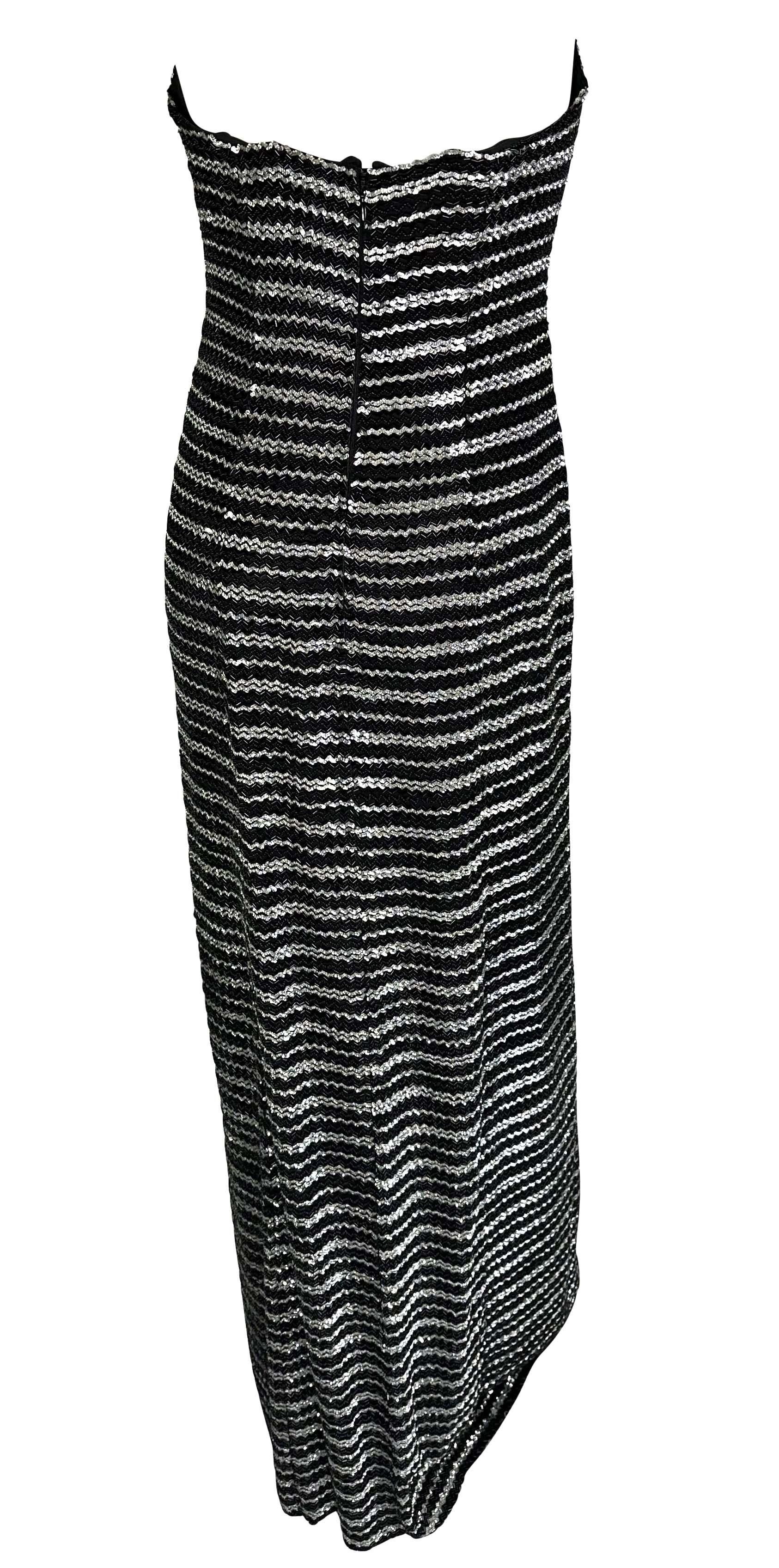 F/W 1998 Giorgio Armani Black Silver Beaded Stripe Strapless Sequin Gown For Sale 2