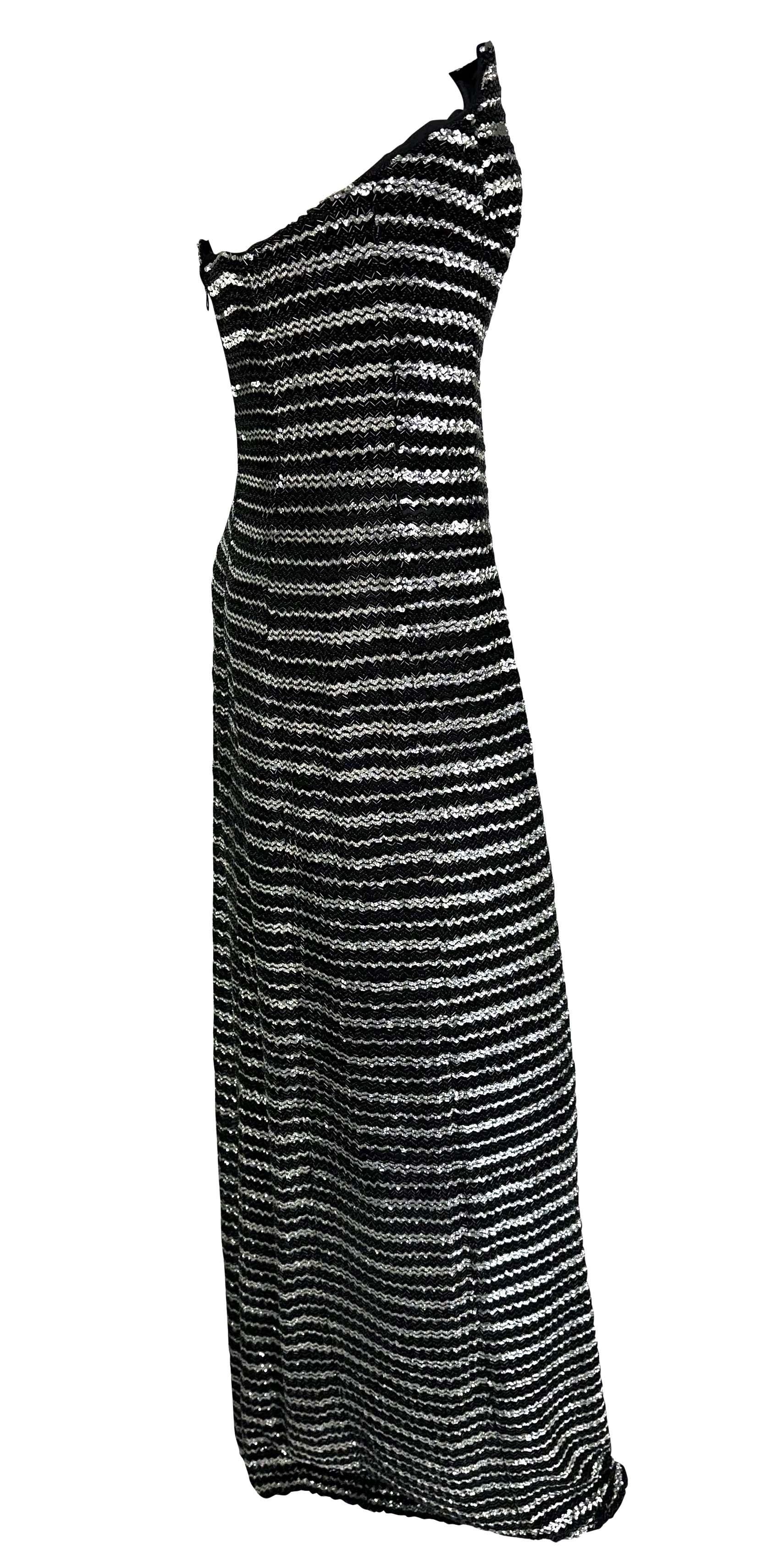 F/W 1998 Giorgio Armani Black Silver Beaded Stripe Strapless Sequin Gown For Sale 3