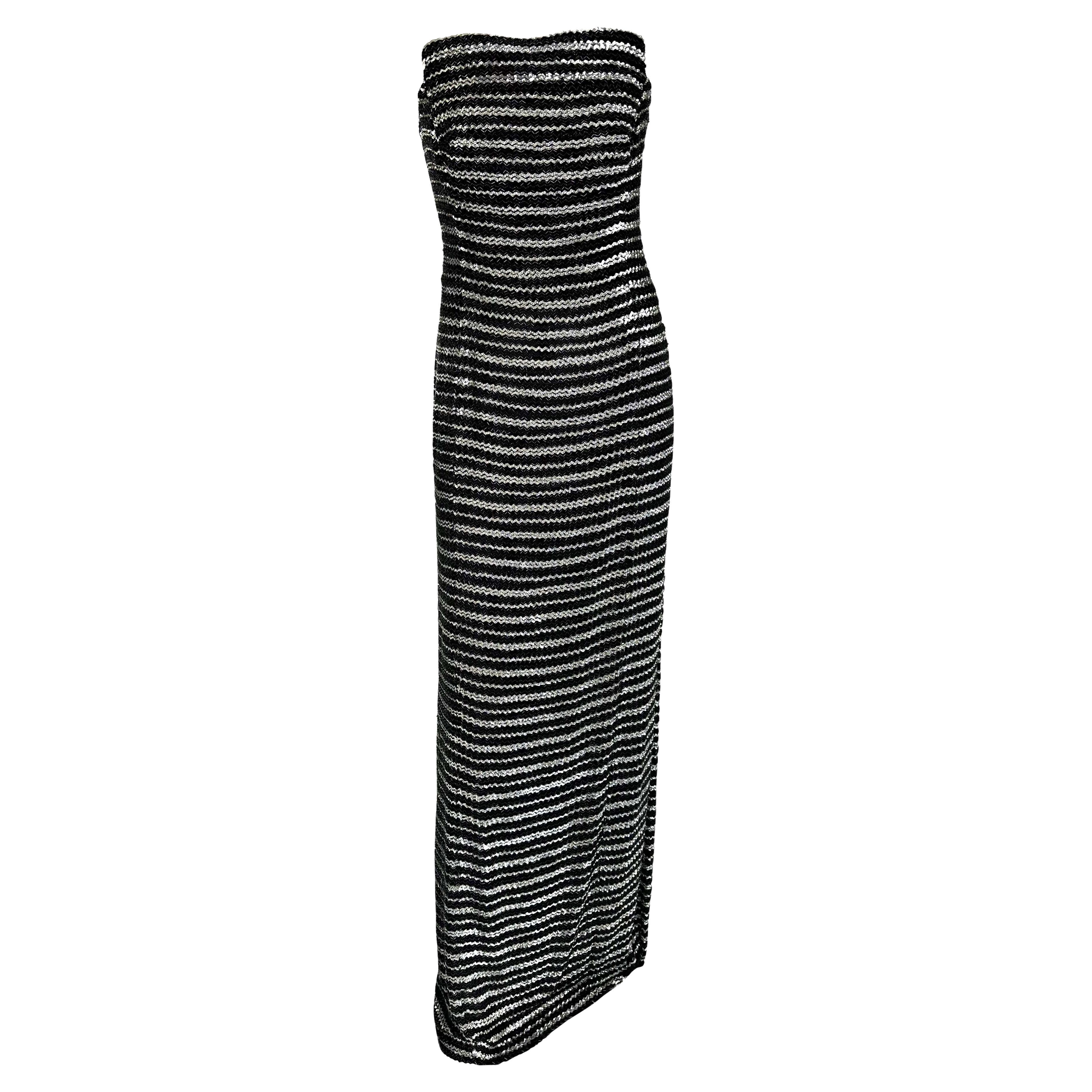 F/W 1998 Giorgio Armani Black Silver Beaded Stripe Strapless Sequin Gown For Sale