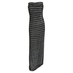 Retro F/W 1998 Giorgio Armani Black Silver Beaded Stripe Strapless Sequin Gown