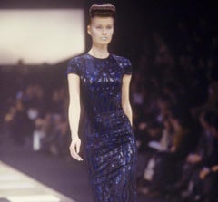 F/W 1998 Givenchy by Alexander McQueen Runway Sheer Black Lace Blue Stretch Gown