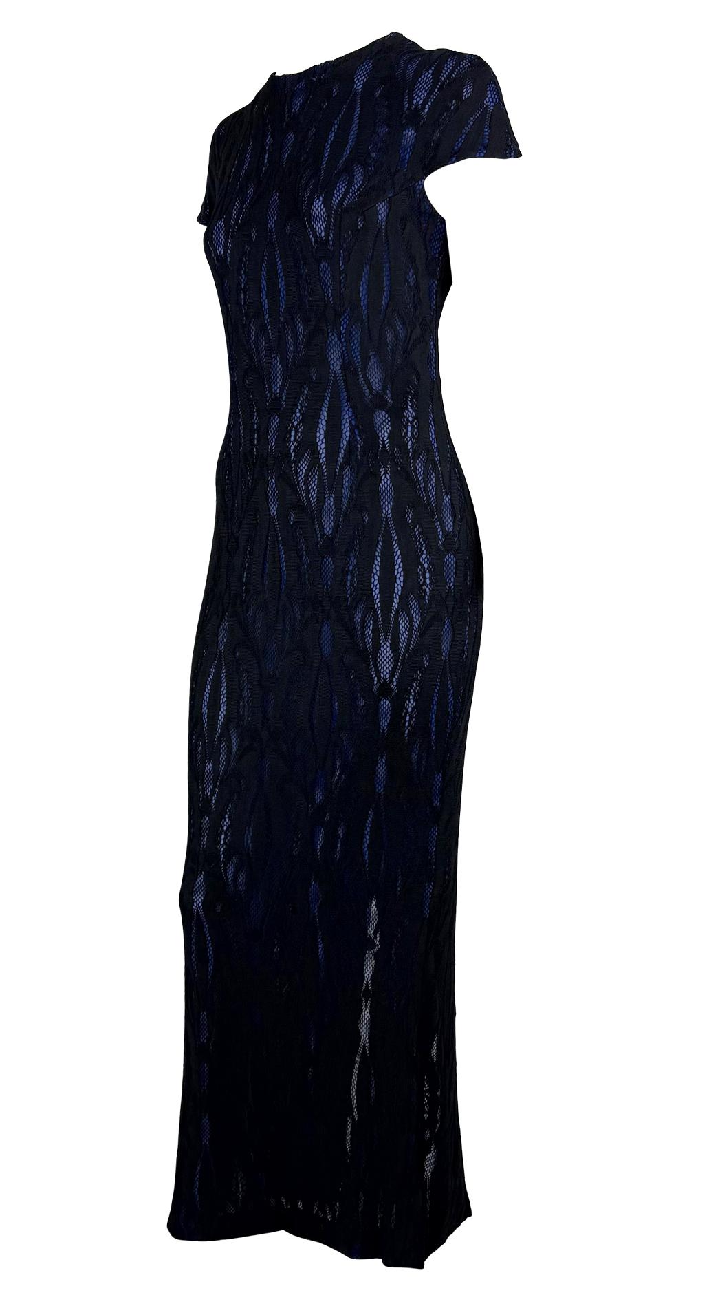 Women's F/W 1998 Givenchy by Alexander McQueen Runway Sheer Black Lace Blue Stretch Gown For Sale