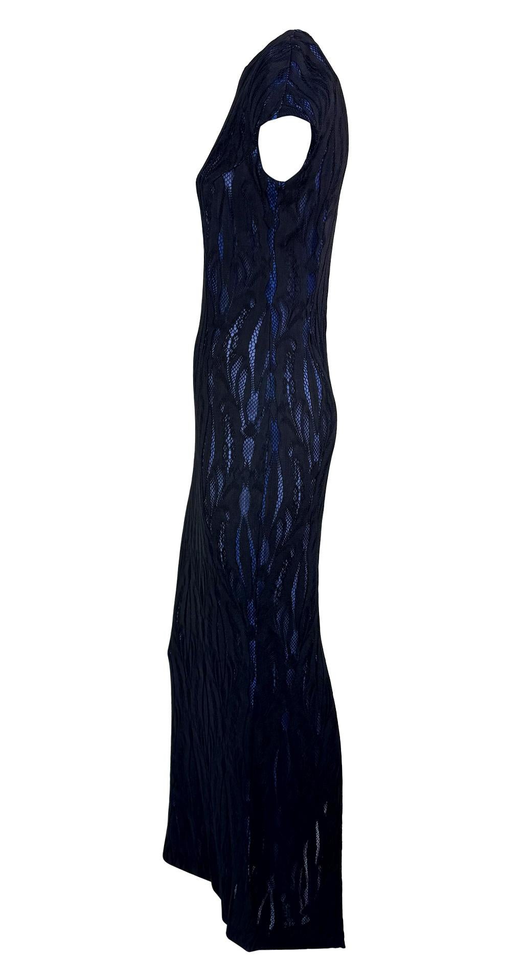 F/W 1998 Givenchy by Alexander McQueen Runway Sheer Black Lace Blue Stretch Gown For Sale 1