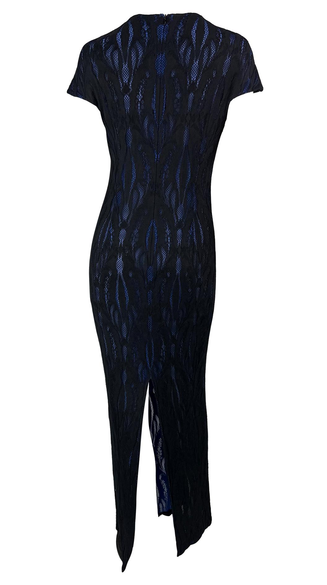 F/W 1998 Givenchy by Alexander McQueen Runway Sheer Black Lace Blue Stretch Gown For Sale 2