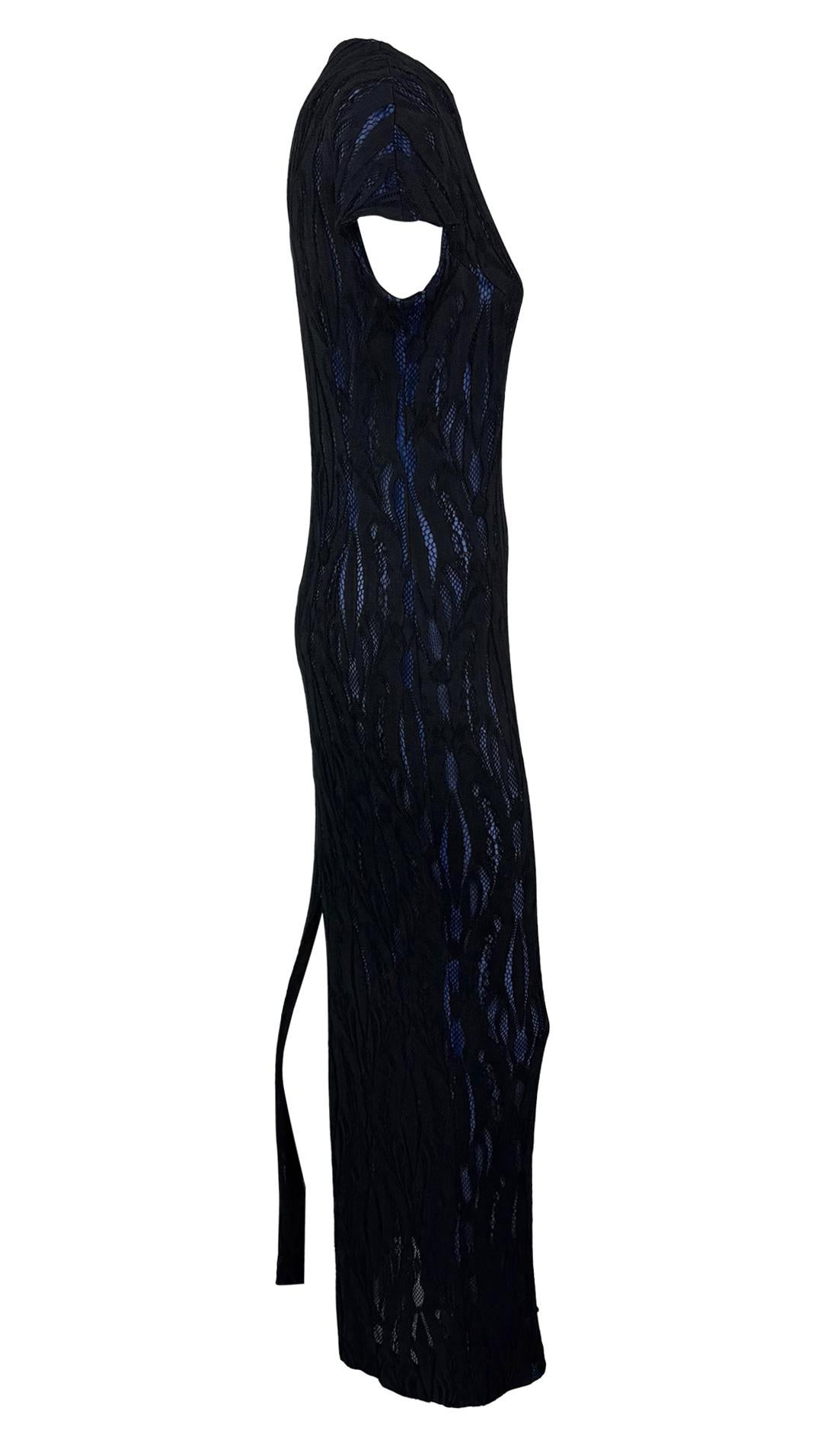 F/W 1998 Givenchy by Alexander McQueen Runway Sheer Black Lace Blue Stretch Gown For Sale 3