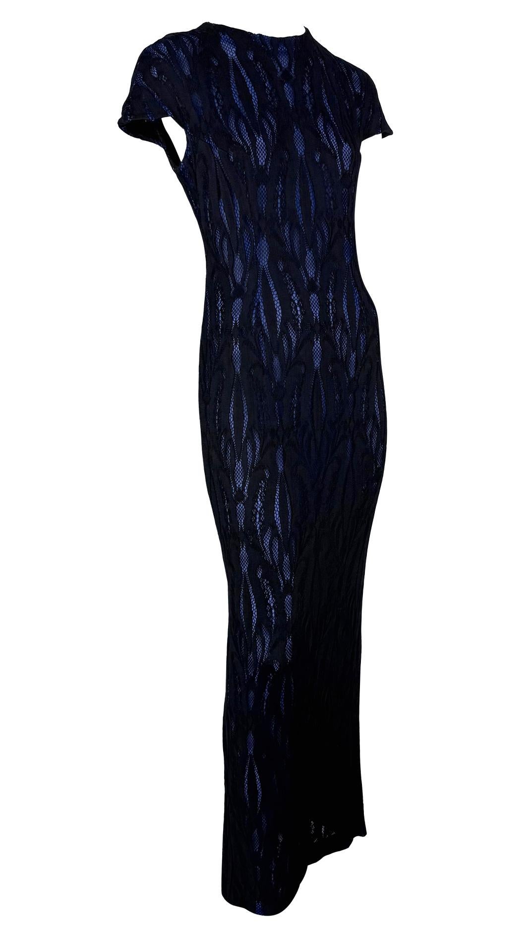 F/W 1998 Givenchy by Alexander McQueen Runway Sheer Black Lace Blue Stretch Gown For Sale 4