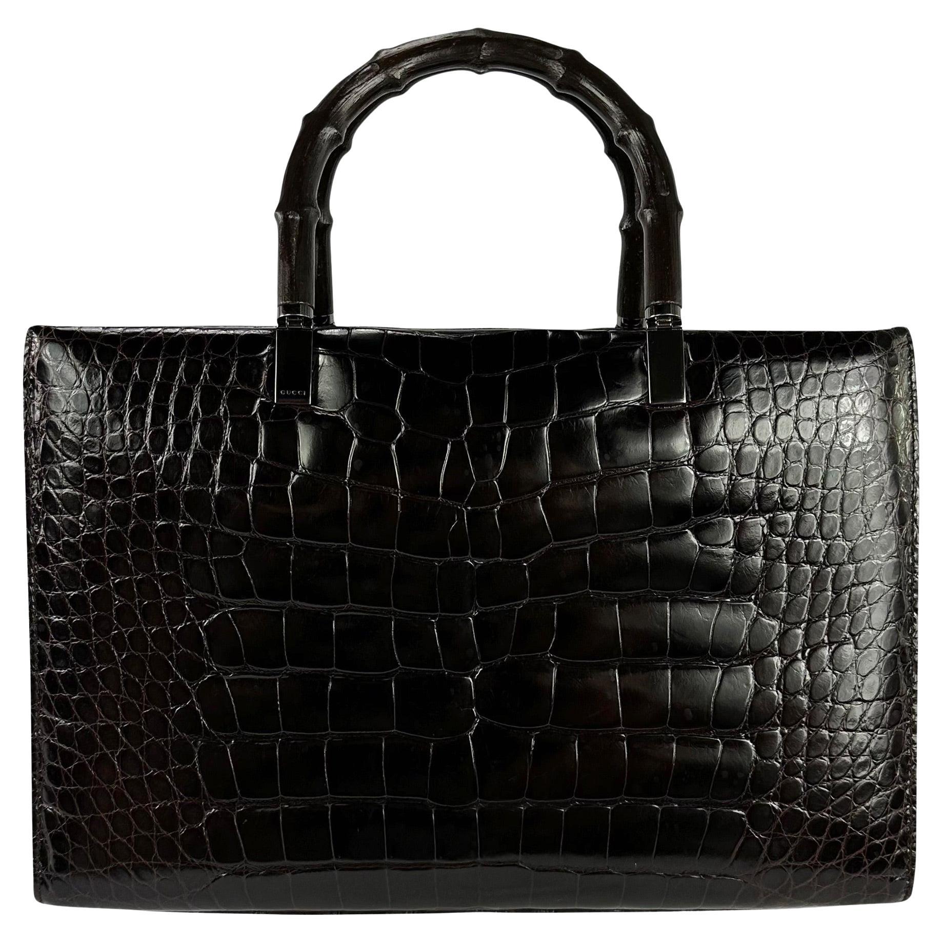 F/W 1998 Gucci by Tom Ford Ad Campaign Black Crocodile Bamboo Tote Bag  For Sale