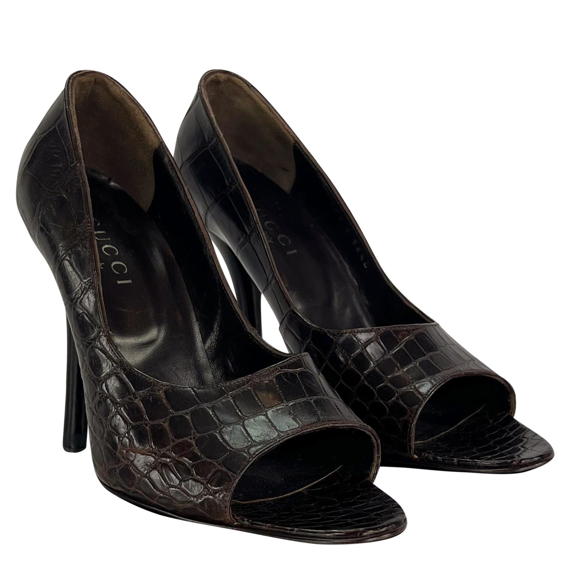 Women's F/W 1998 Gucci by Tom Ford Ad Genuine Alligator Brown Peep Toe Heels Pumps 36.5 For Sale